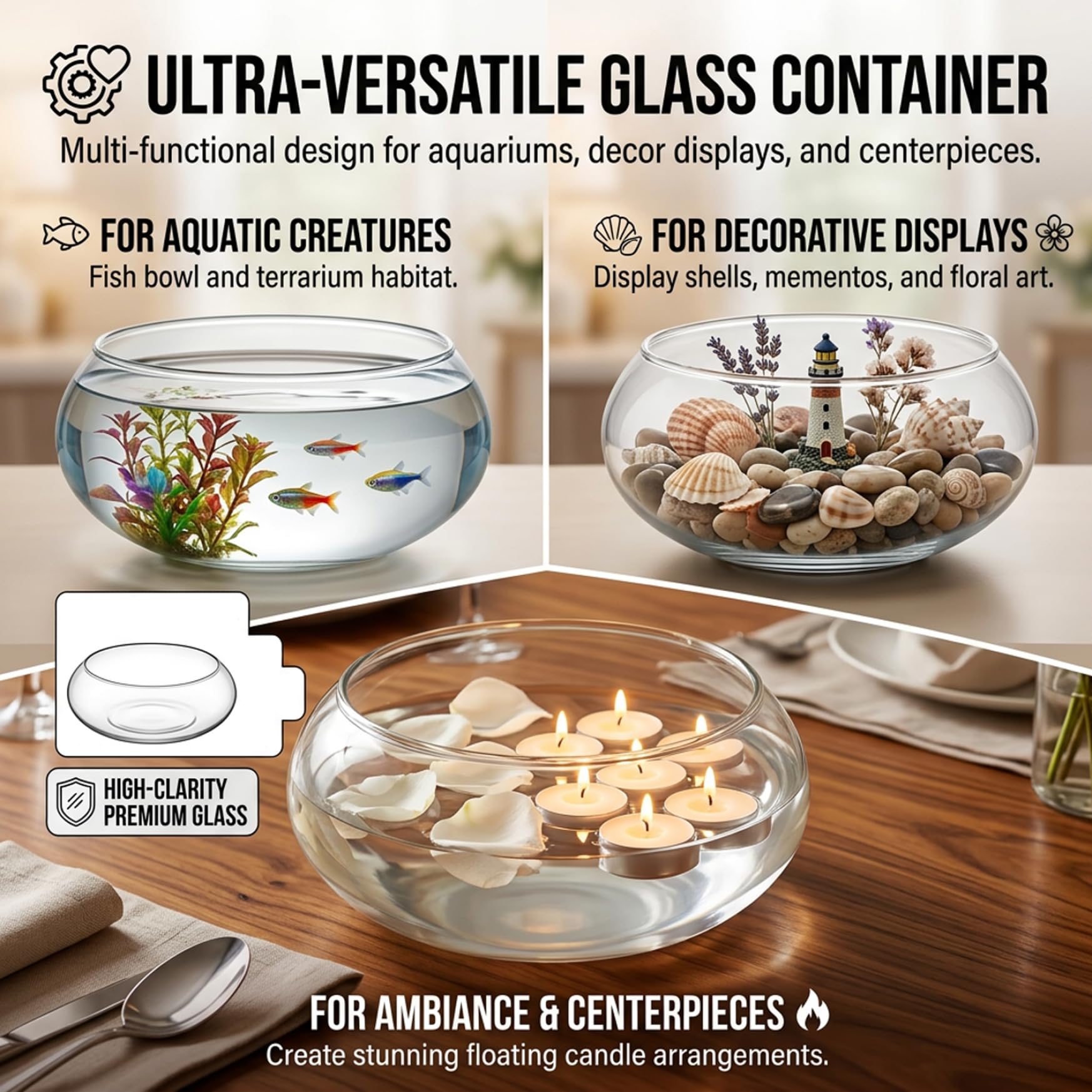Pot de fleurs Lotus Bowl – Pot de fleurs hydroponique en verre transparent pour plantes et poissons, vase d'écosystème bureau 15 cm/5, 9 pour nénuphars, plantes succulentes et décoration aquatiq