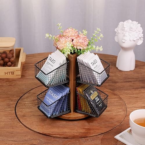 Miniatura 4 de HTB Organizador de bolsas de té de carrusel para mostrador, soporte para bolsas de té de 2 niveles con 6 cestas de té extraíbles y estación de