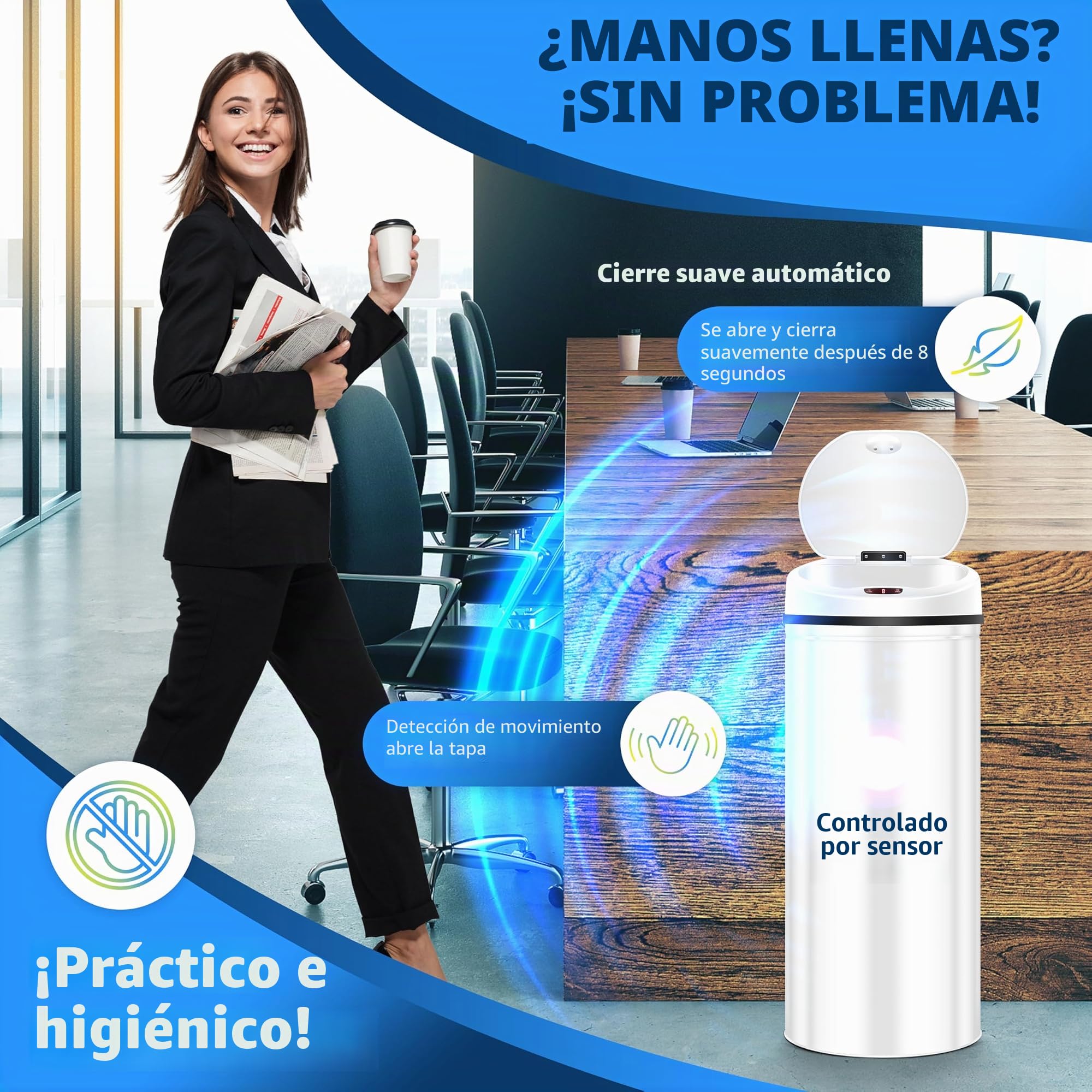 KESSER Cubo de basura automático con sensor de 40 litros – Cubo de basura eléctrico de acero inoxidable, apertura sin contacto, bajo nivel de ruido para cocina, baño, oficina, color blanco con soporte