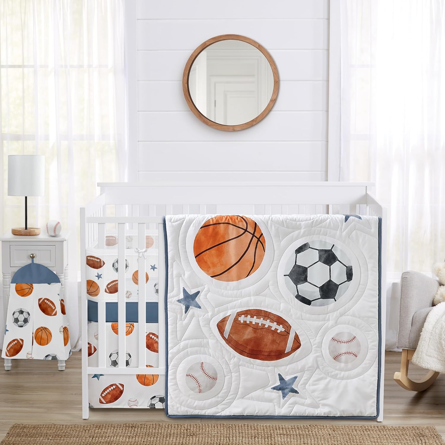 Sweet Jojo Designs Sports Theme Boy Baby Crib Bedding Set Infant Nursery Room BreathableBaby Breathable Mesh Crib Liner Blanket Fitted Sheet 6p Watercolor Vintage Soccer Football Baseball Basketball