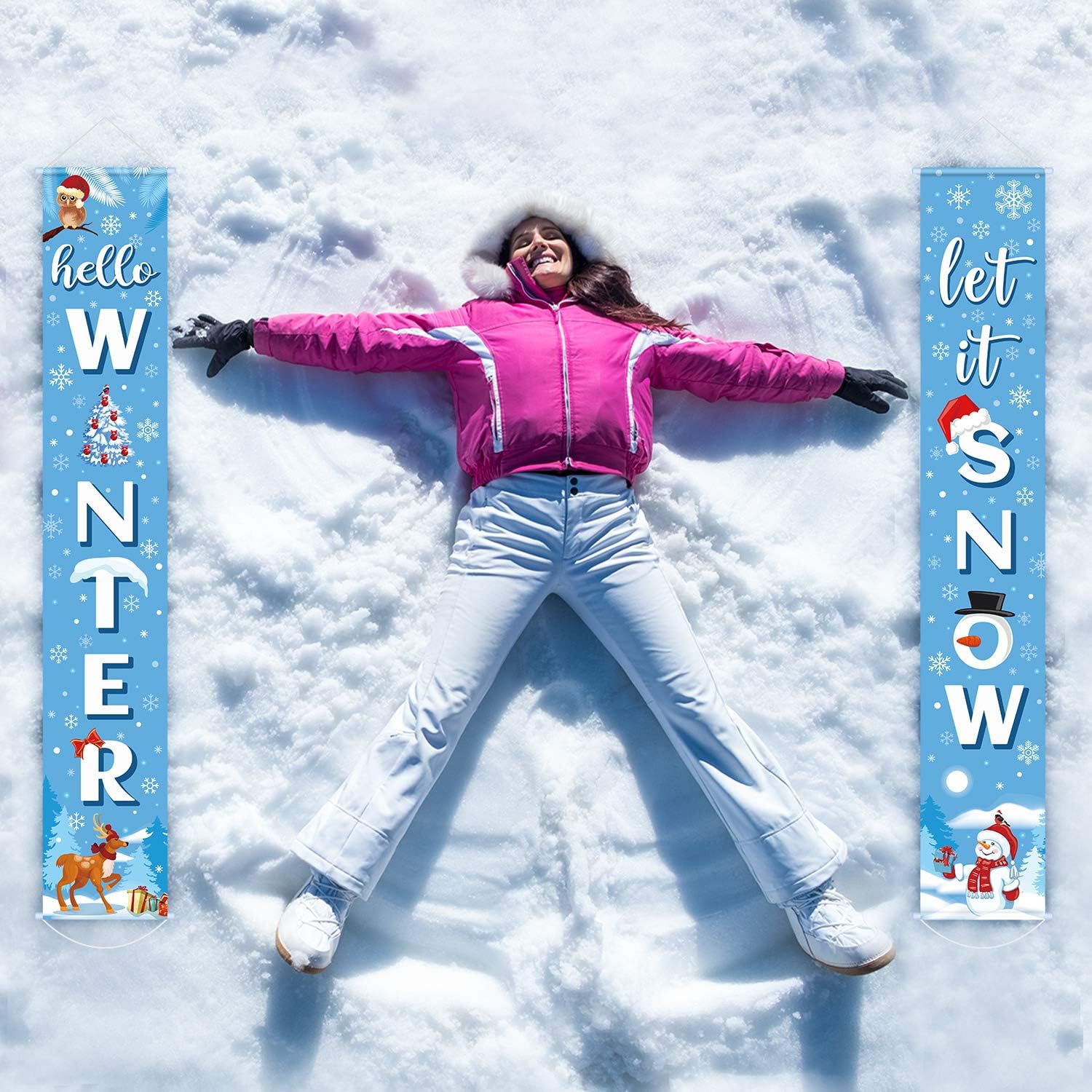 Christmas Snowflake Door Banner - Blue Winter Welcome Porch Sign Let It Snow - Holiday Decorations for Home Wall Indoor Outdoor