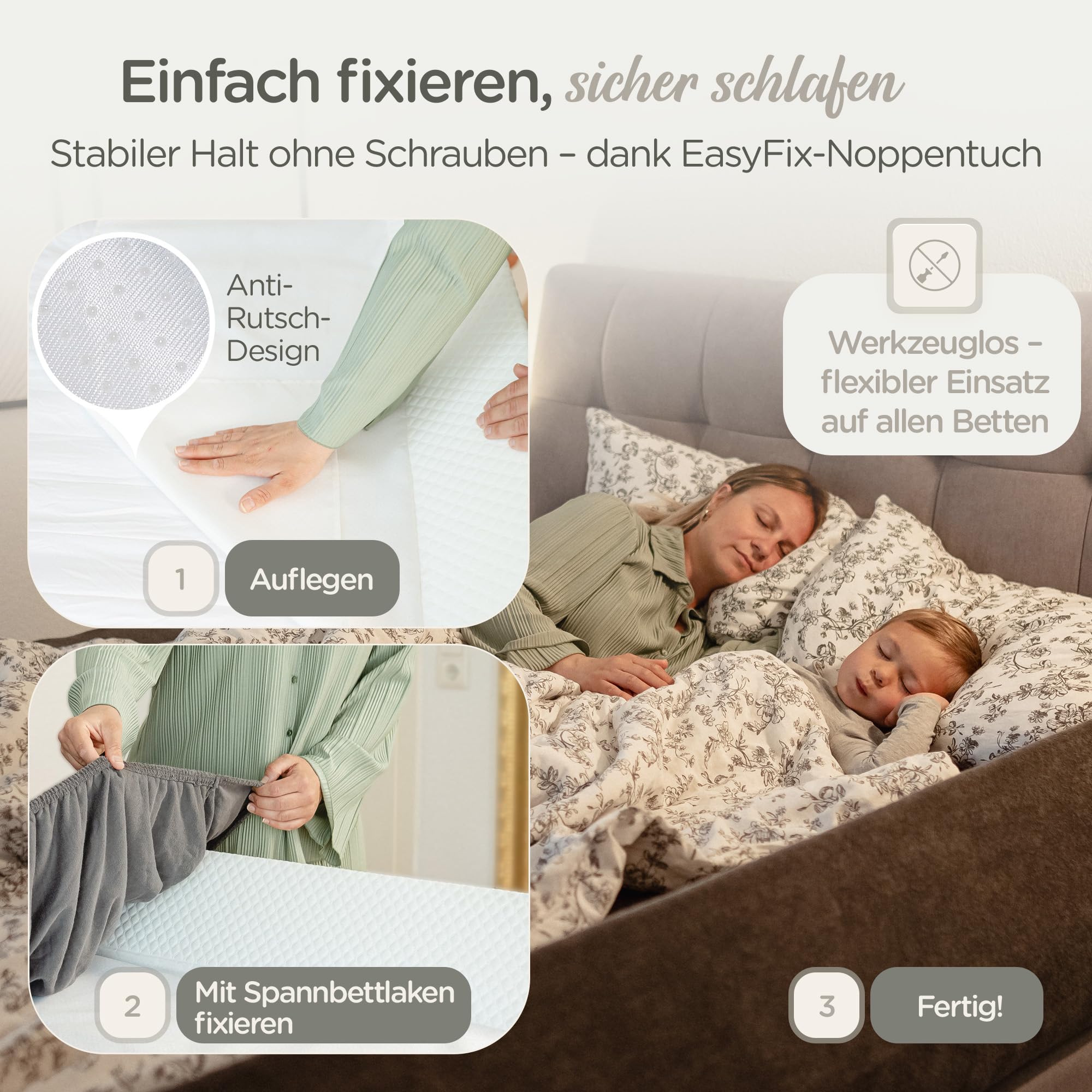LUNOVA® Rausfallschutz Bett Kinder & Baby - Boxspringbett & Elternbett | Formstabiler Schaumstoff statt aufblasbar · ohne Montage · weiche Bettgitter-Alternative · Fallschutz fürs Kinderbett, 150 cm