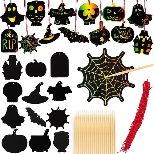 ArtCreativity Manualidades de Halloween a granel – Arte para rascar para niños, 60 juegos con 60 diseños, 60 palos y cuerdas rojas – Regalos de