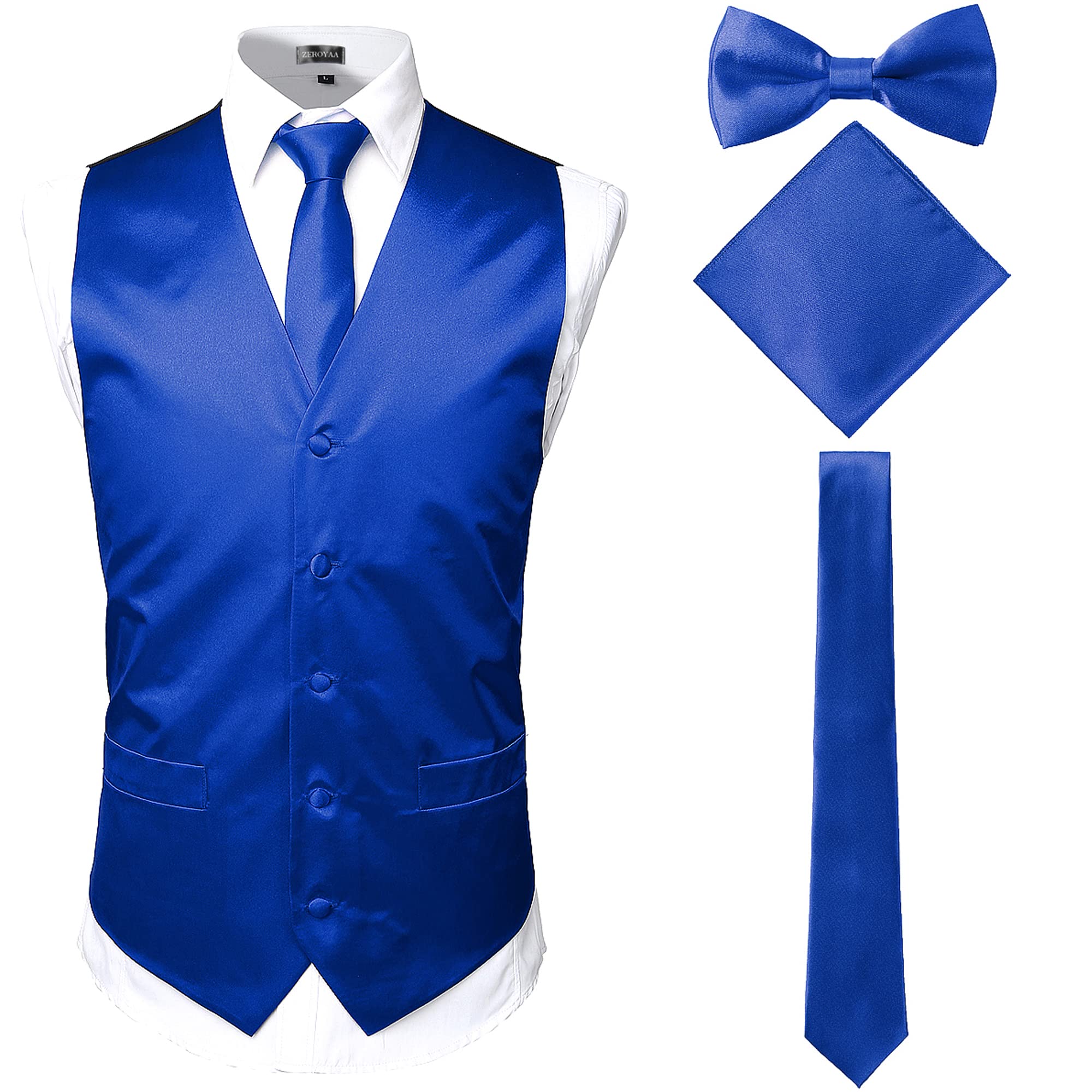 zeroyaa Men's Solid 4pc Shiny Satin Vest Necktie Bowtie Pocket Square Set for Suit or Tuxedo-picture-27