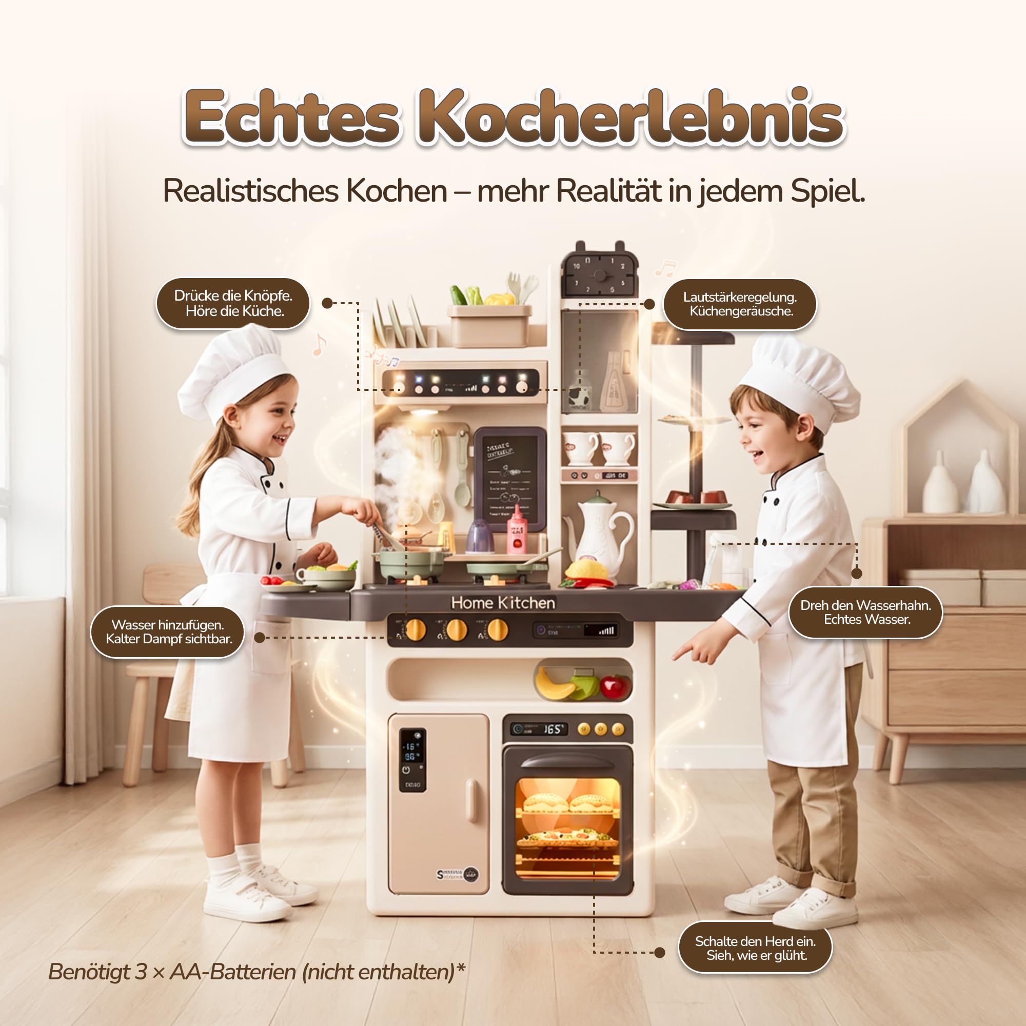 Kinderplay zestaw kuchenny, kuchnia dla dzieci - światło, woda, para, dźwięk, akcesoria kuchenne, KP3297