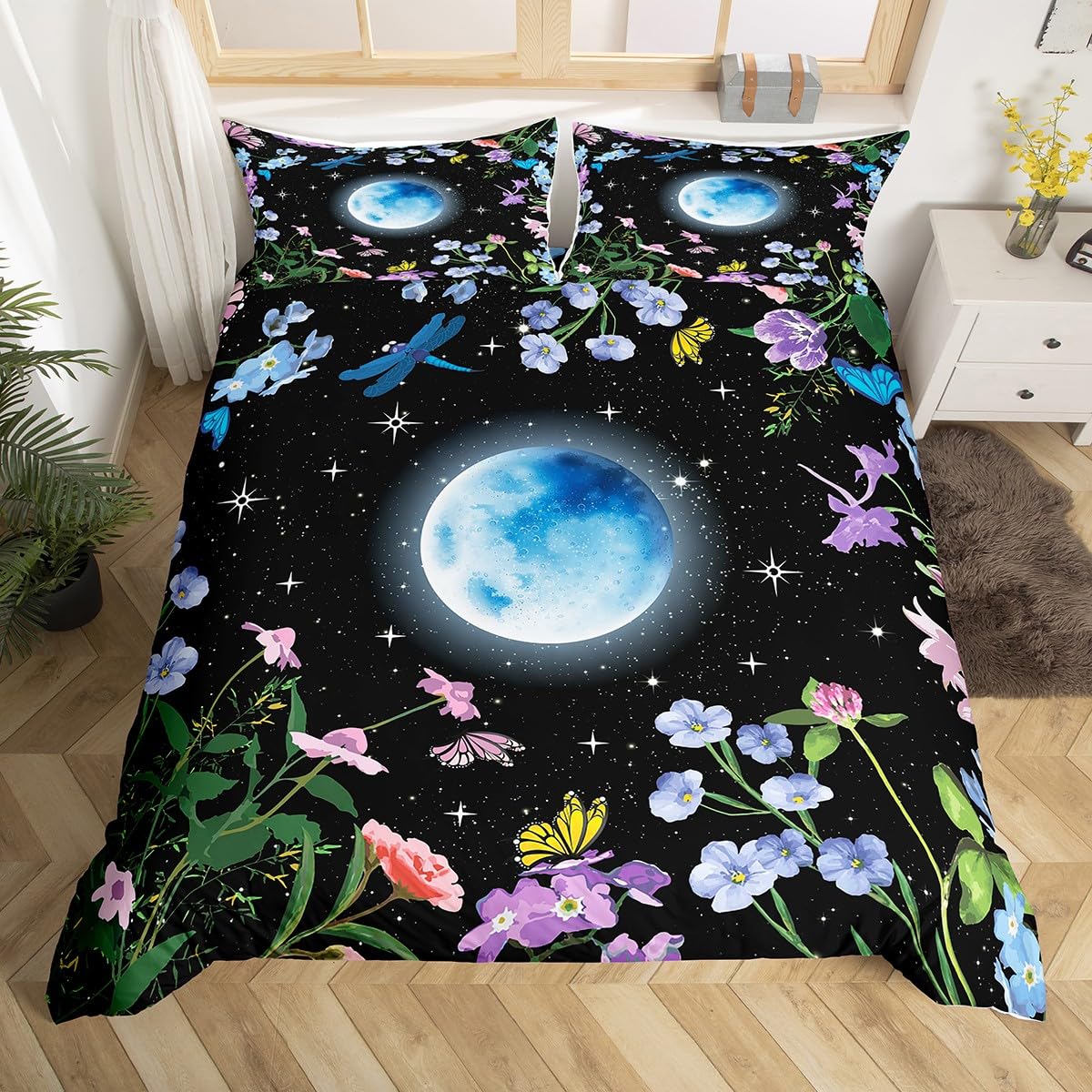 Bohemia Full Moon Duvet Cover Double Size,Butterflies Wild Animals Comforter Cover for Adults Kids Bedroom Decor,Romantic Flower Garden Rustic Floral Bedding Set 2 Pillowcases,No Comforter