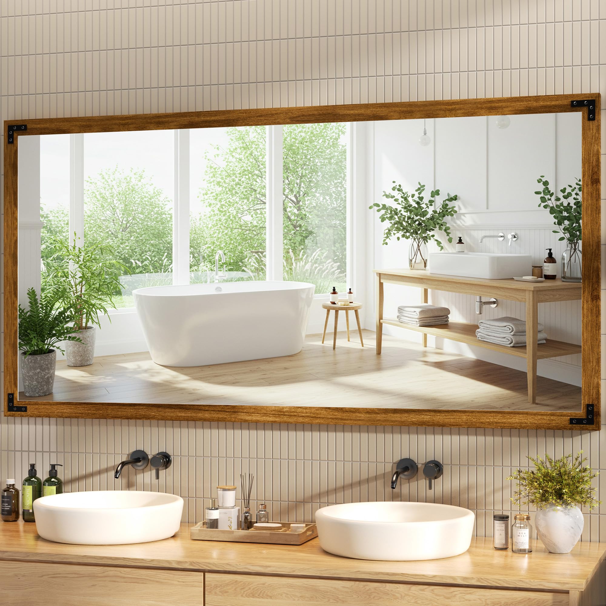 Snapklik.com : Farmhouse Bathroom Mirror, 60"x30" Rustic Wood Framed ...