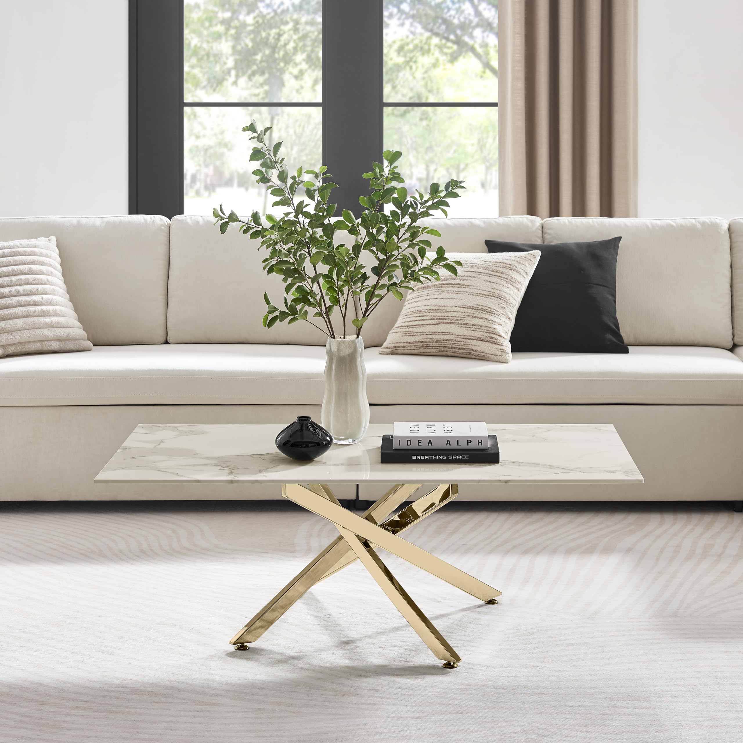 Furniturebox UK Leonardo Glass White Marble Effect Coffee Table - Shiny Gold Metal Legs In Stylish Nested Starburst Design - Modern Living Room Furniture for Contemporary Homes