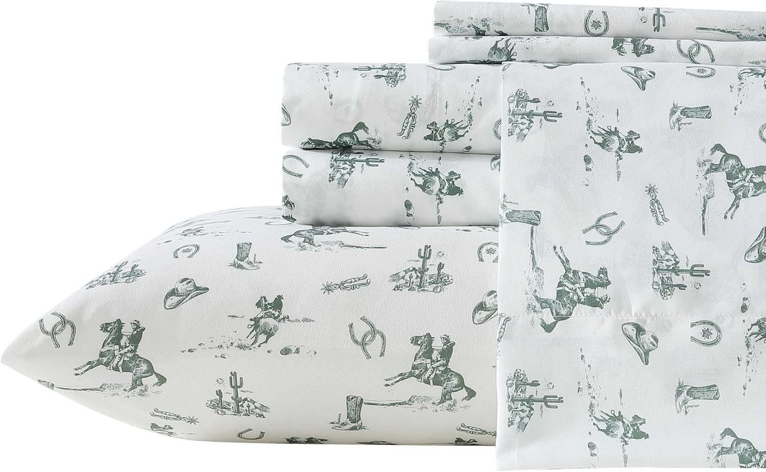 Wrangler – Queen Size Sheet Set, Soft Microfiber Bedding with Breathable & Cooling Comfort, Deep Pocket Fitted Sheet with Matching Pillowcases, Americana Decor (Cowboy Rodeo Green)