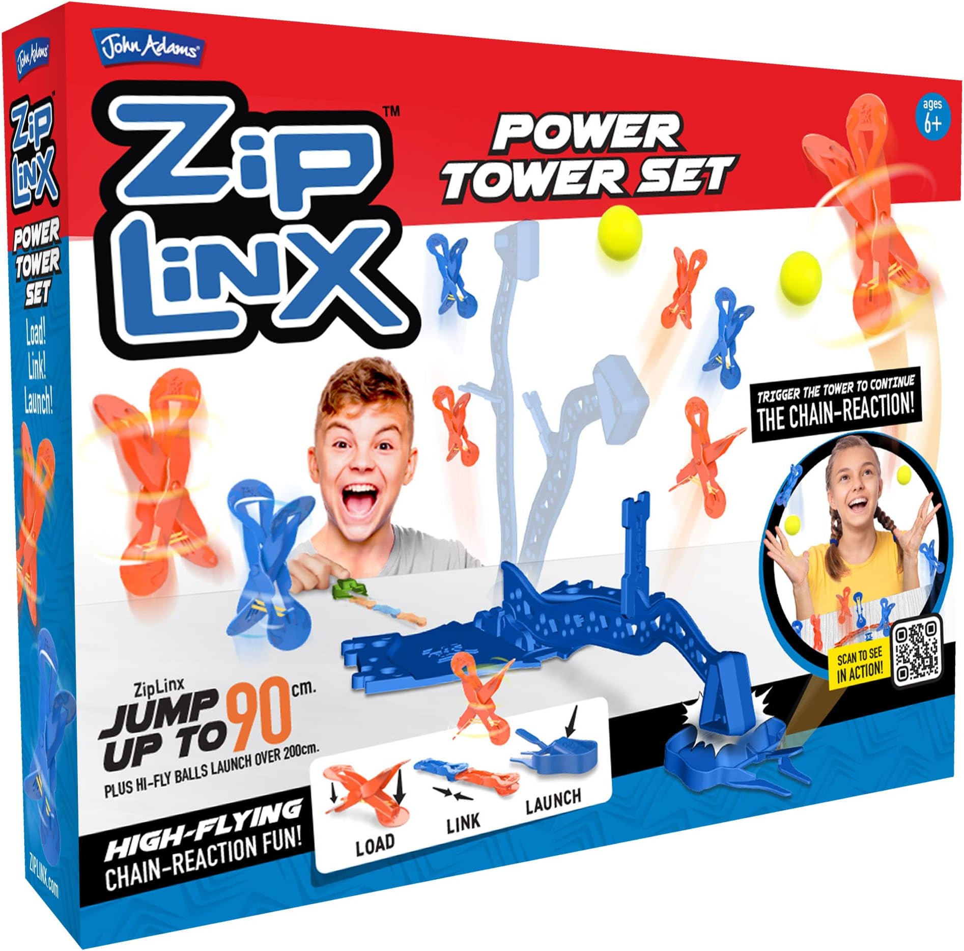 John Adams | ZipLinx - Power Tower Set: high-flying chain-reaction fun! | Jumping Domino Action | Domino and Tile Games | Ages 6+,Red