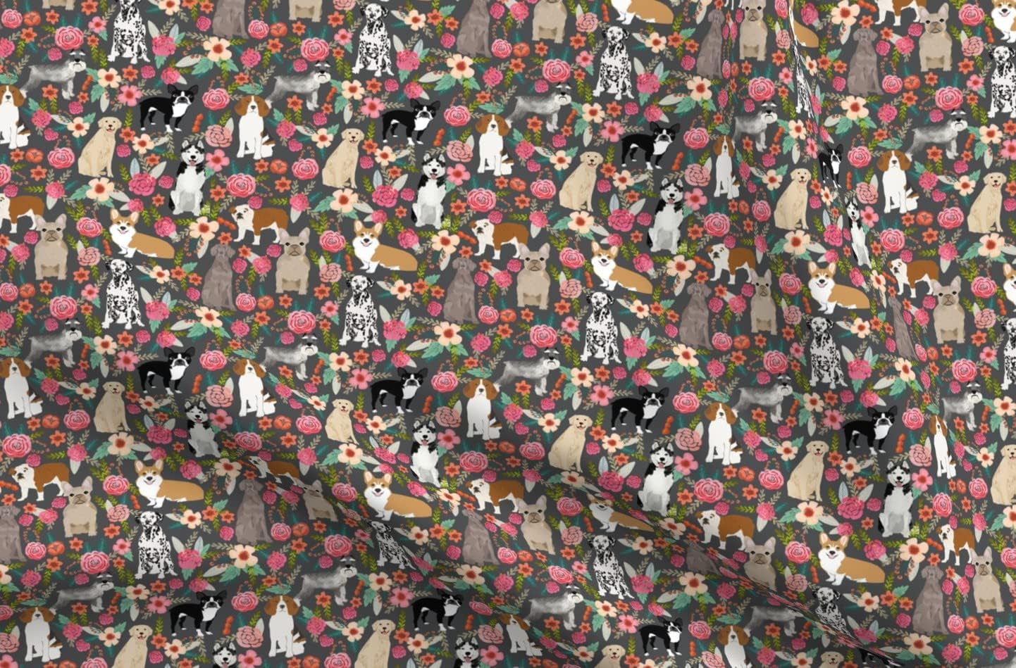 Spoonflower Fabric - Dogs Florals Pets Flowers Gray Pet Floral Portrait Printed on Upholstery Velvet Fabric Fat Quarter - Upholstery Home Decor Bottomweight Apparel