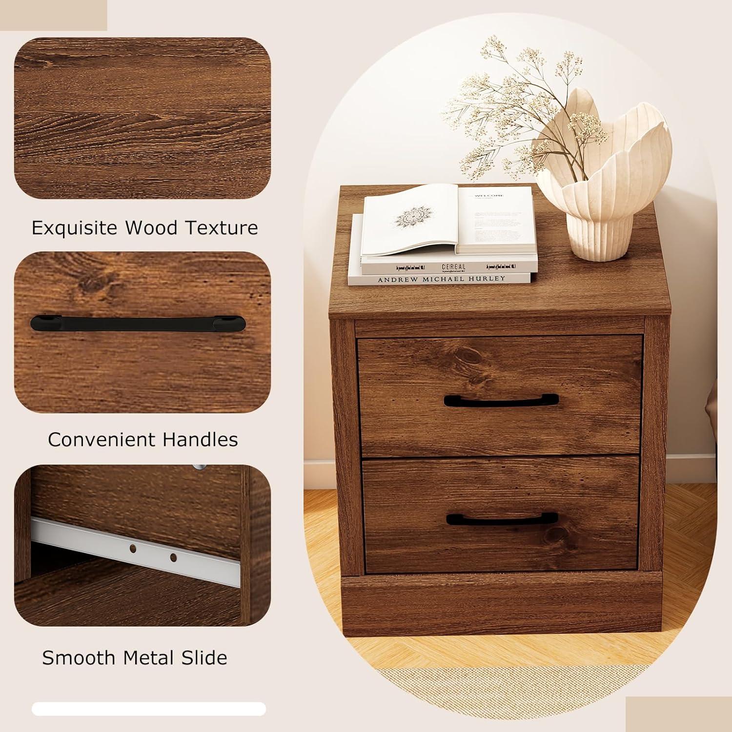 Close-up of nightstand features: wood texture, handles, and smooth metal drawer slides