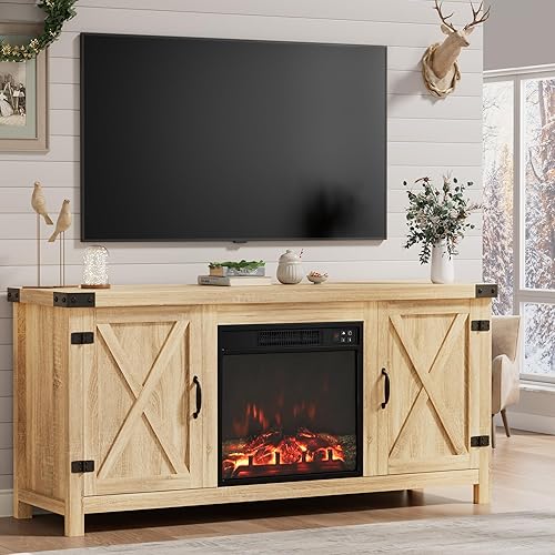 Furmax Fireplace TV Stand for Up to 65 Inches TVs, Farmhouse Entertainment Center with Grooved Barn Doors, Rustic Media Console Table with Storage Cabinets for Living Room (Natural Oak)