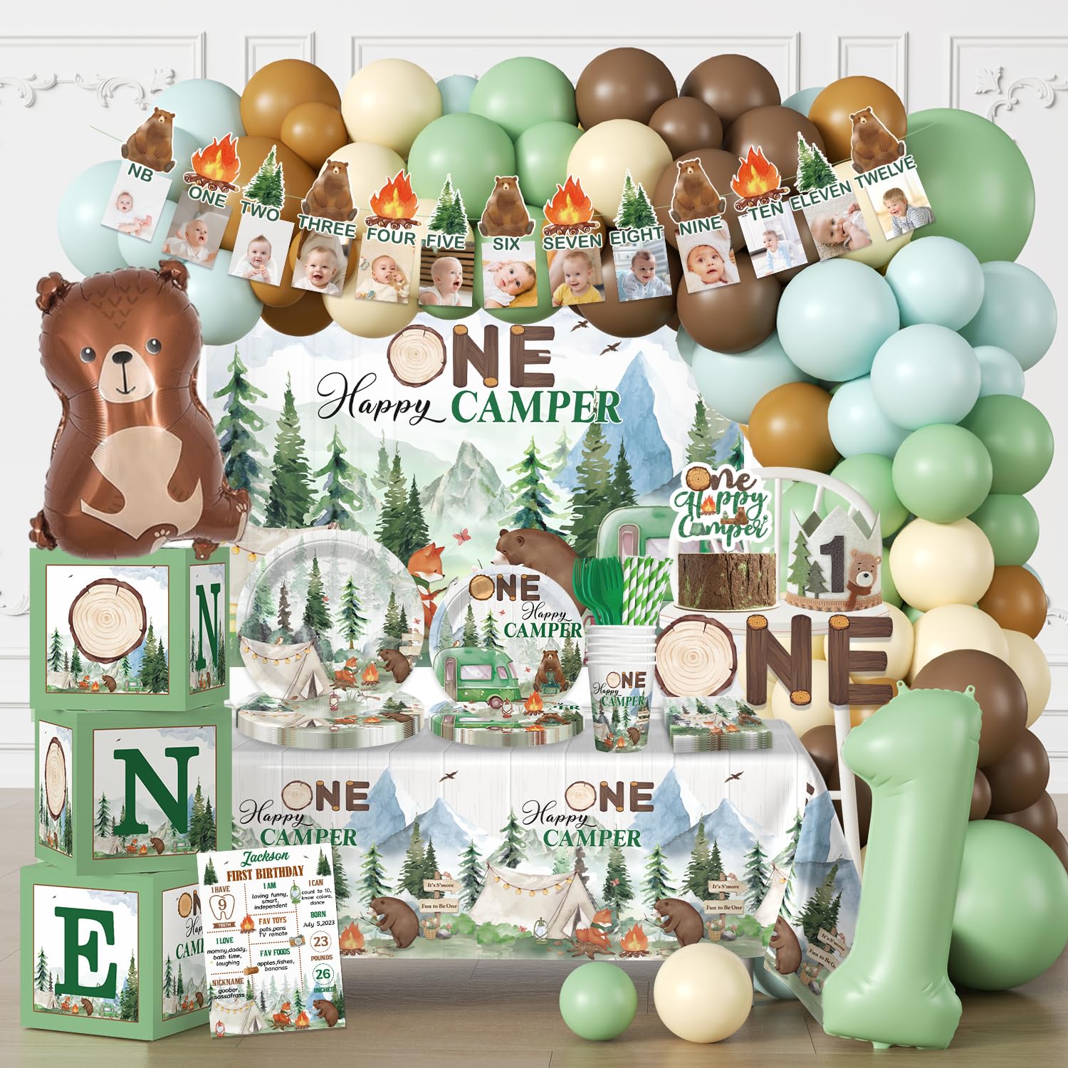 Cocomigo 248pcs Camper Birthday Decorations, All-in-One Camper Theme Party Pack with 20 Plates, Backdrop Tablecloth Balloon Arch for First Birthday