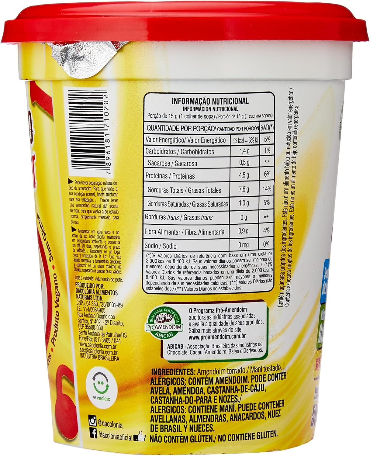 DaColônia Amendopower - Pasta De Amendoim Integral, Zero, 500G
