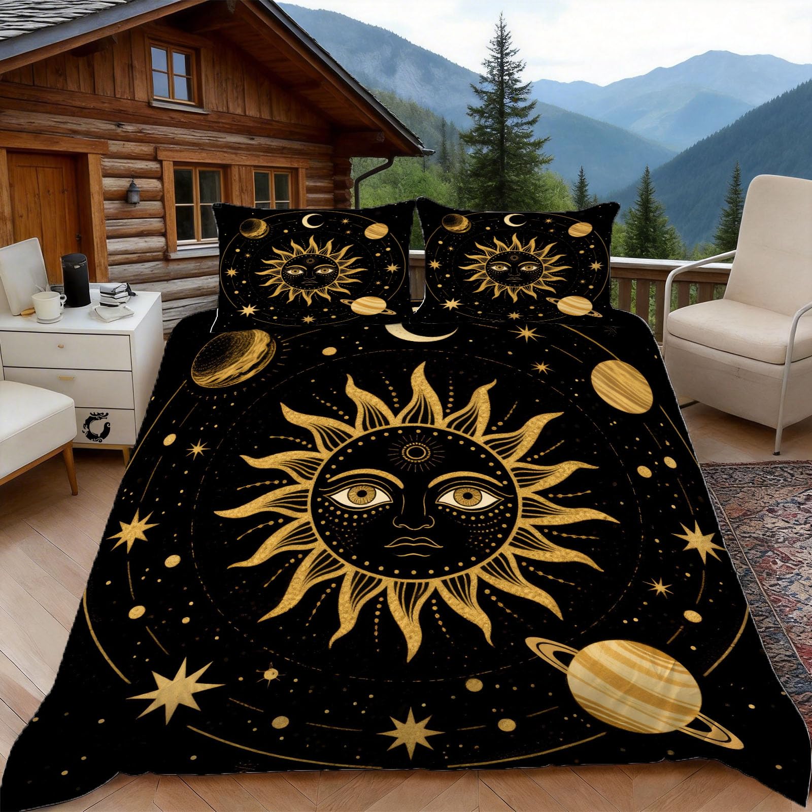Housse de Couette 240x260 Soleil Parure Lit 2 Personnes Bohème