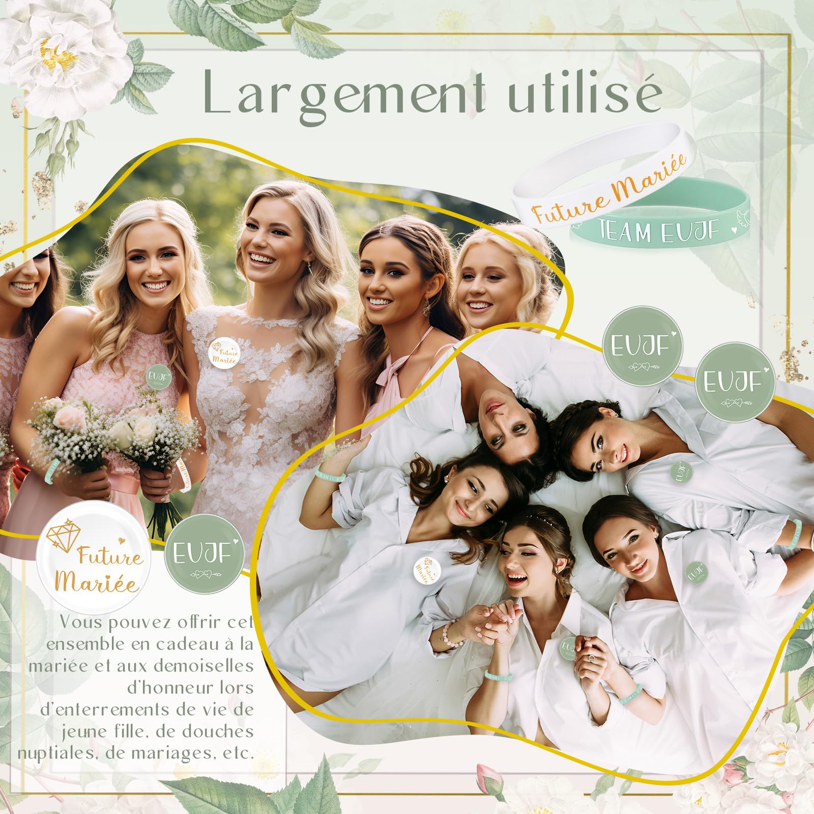 Accessoires de Mariage pour Future Mariée 21 Cadeaux EVJF avec Écharpe, Badges et Bracelets en Silicone