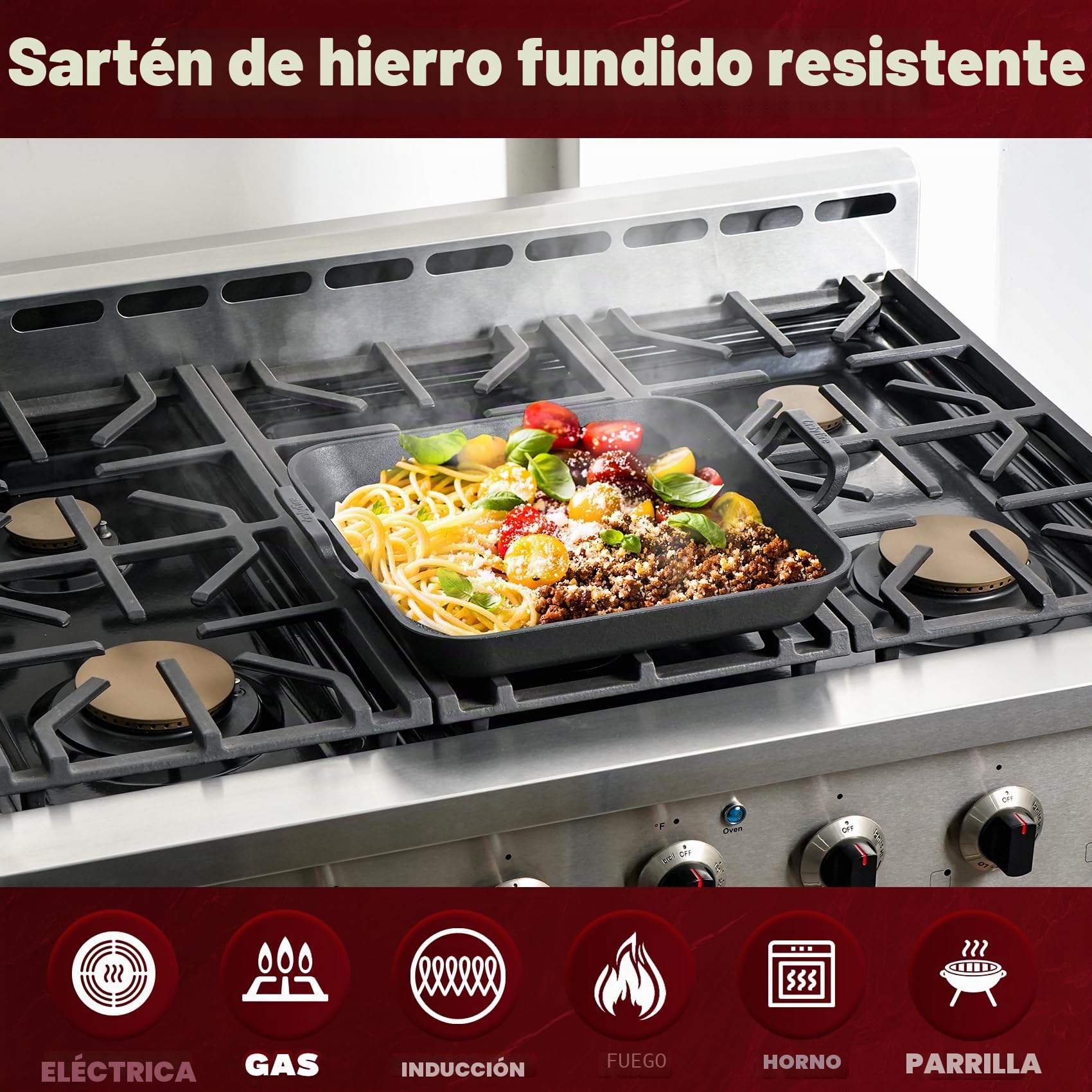 onlyfire Plancha Rectangular de Hierro Fundido con Asas, Sartén BBQ para Parrilla de Gas, Parrilla de Carbón y La Mayoría de Los Hornos, 31.5 * 31.5 * 3.8 cm