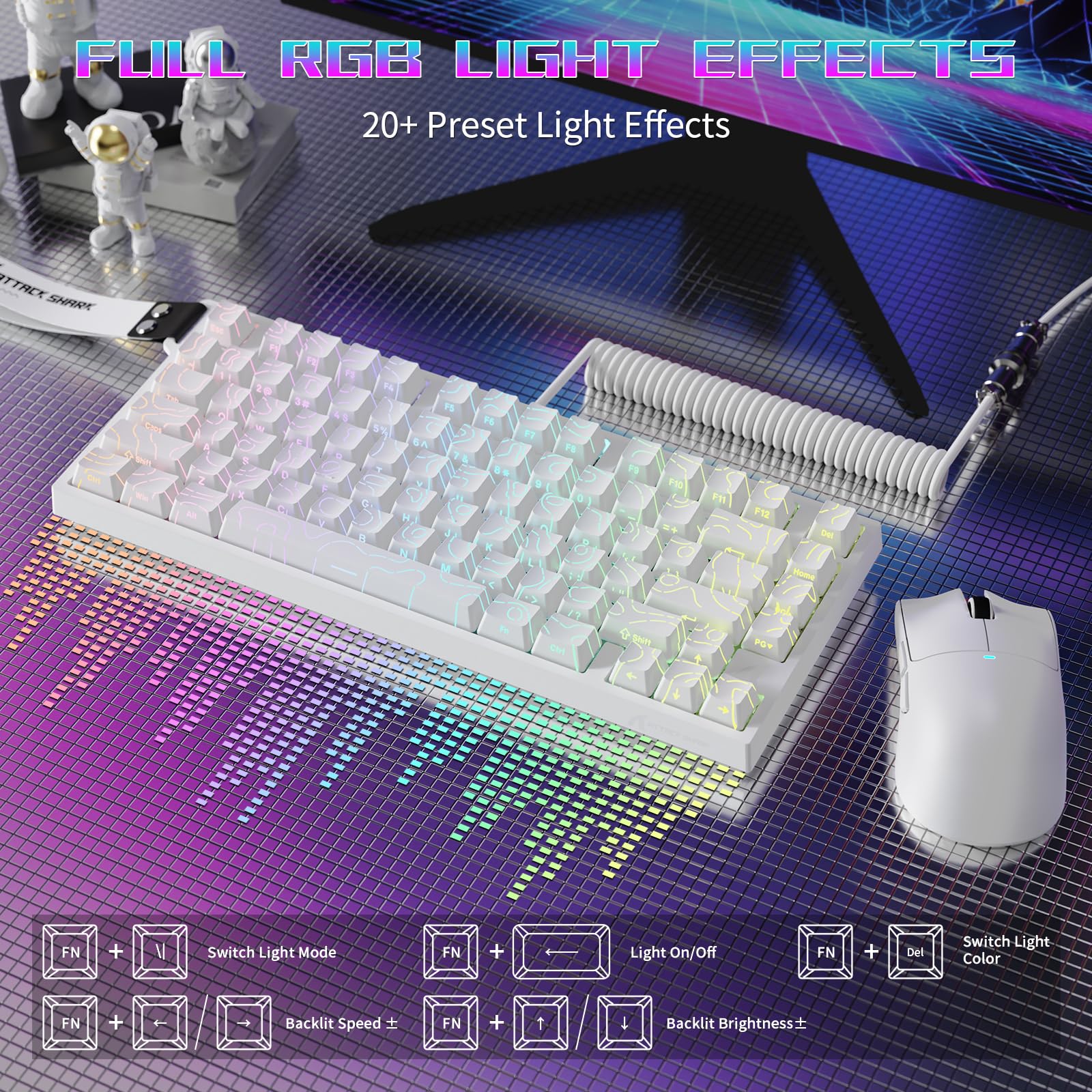 ATTACK SHARK R82 HE Clavier Gaming Filaire 75 %, Switch Magnétique, Polling Rate 8000 Hz, Précision Ultra de 0,005 mm RT, RVB, 5 Couches d’Absorption Sonore, avec Câble LED C01ULTRA(Contour Blanc)
