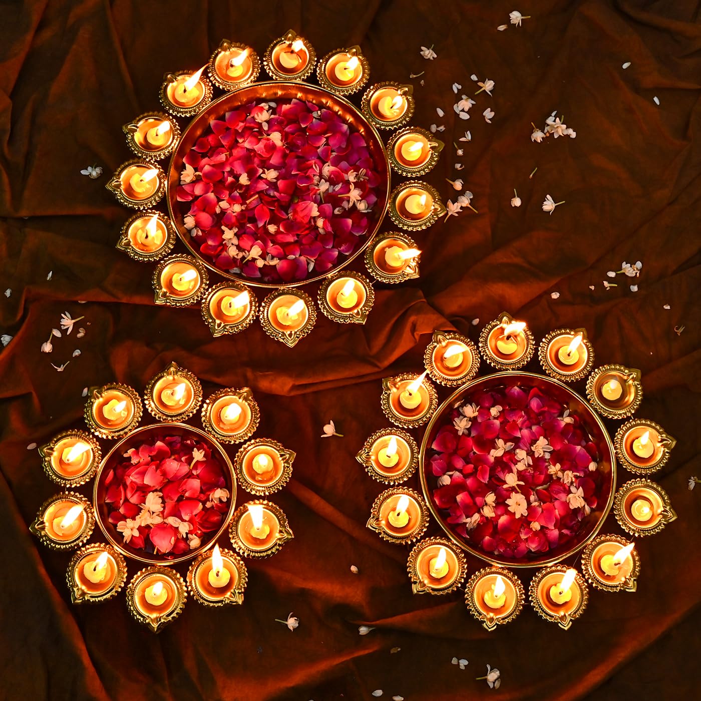 DecorTwist Metal Diya Design Decorative Urli Bowl for Home Handcrated Bowl for Floating Flowers and Tea Light Candles Home Office and Table Decor Diwali Decorative Gifts Item (Set of 3)