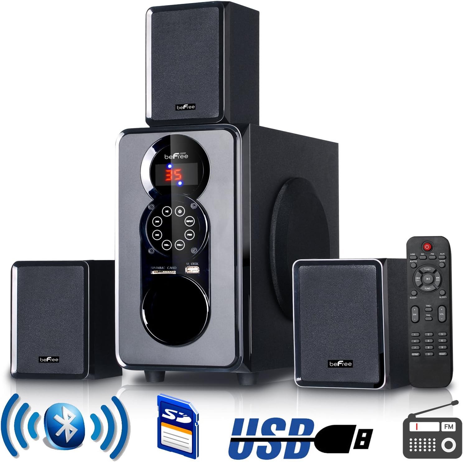 Befree Sound 3.1 Bluetooth Speaker System for Any PC or Home Entertainment with FM Radio, SD and Full Function Remote Control