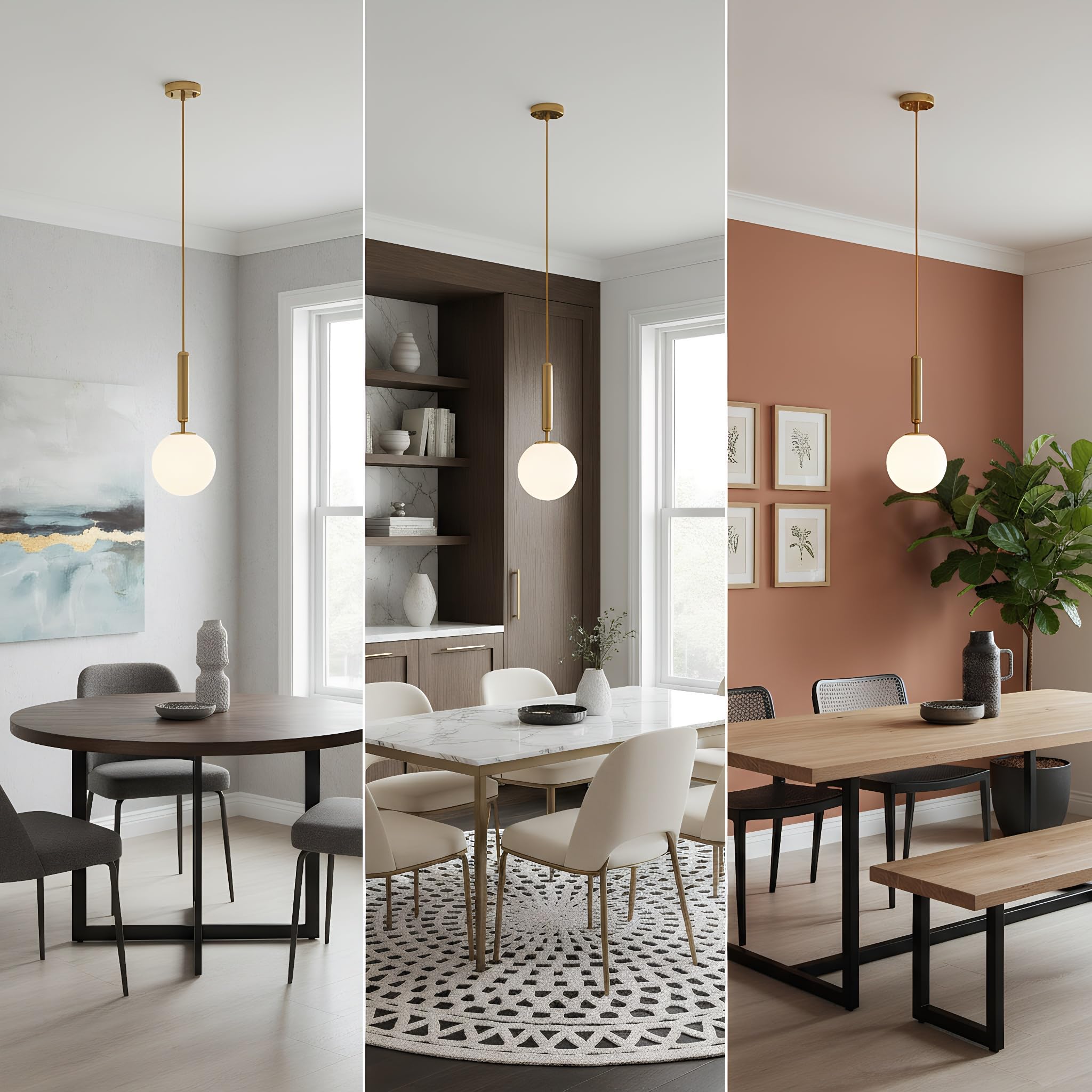 Lámpara Colgante Dorada Moderna, Pantalla Esférica de Cristal Blanco, Lámpara de Techo Colgante E27 para Dormitorio, Comedor, Sala de Estar y Cocina