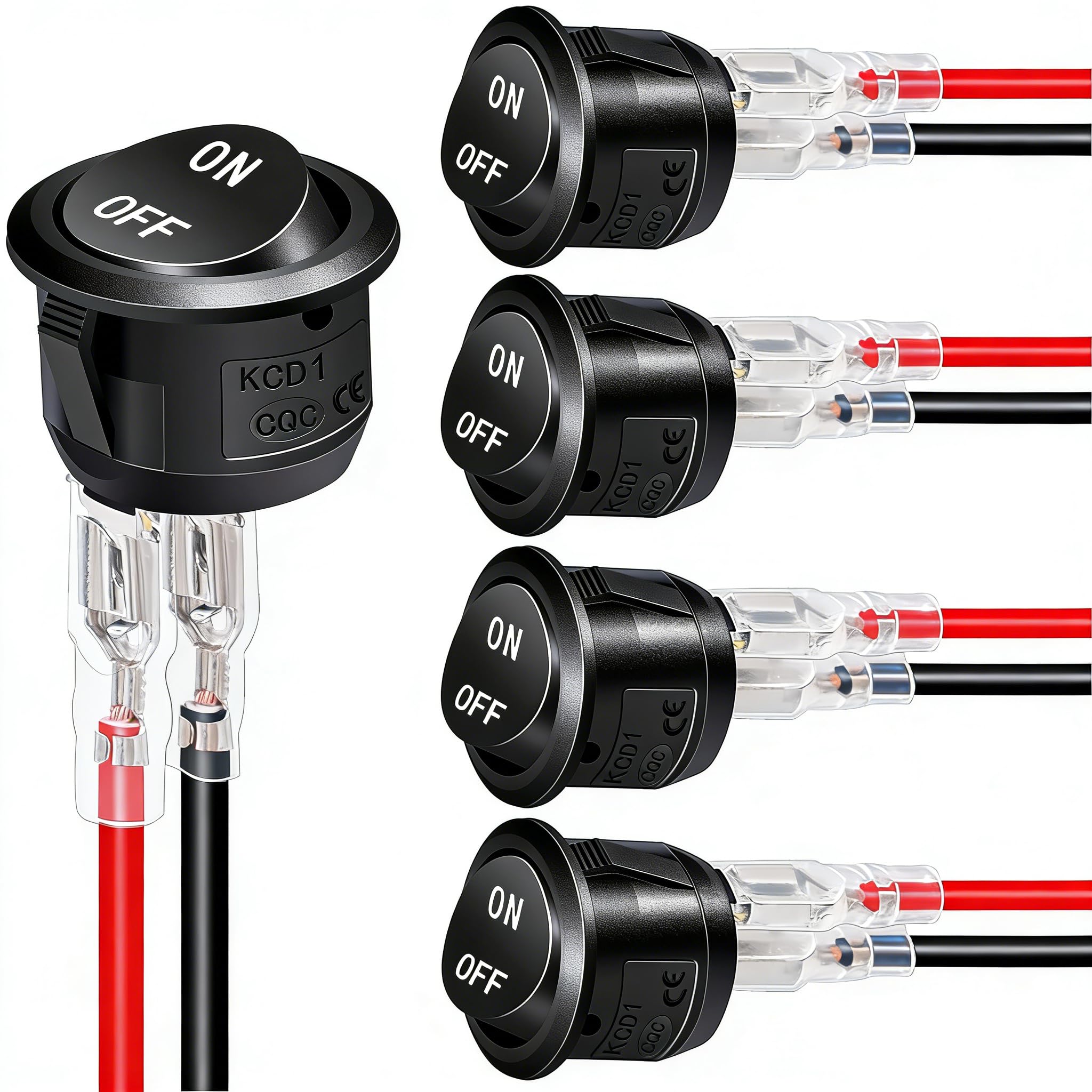 Twidec/5Pcs 12V Round Rocker Switch AC 6A/250V 10A/125V SPST 2 Pin 2 Position On/Off Toggle Switch for Car Boat Automotive RV Black with Wires KCD1-5-101-ON-OFF-CX