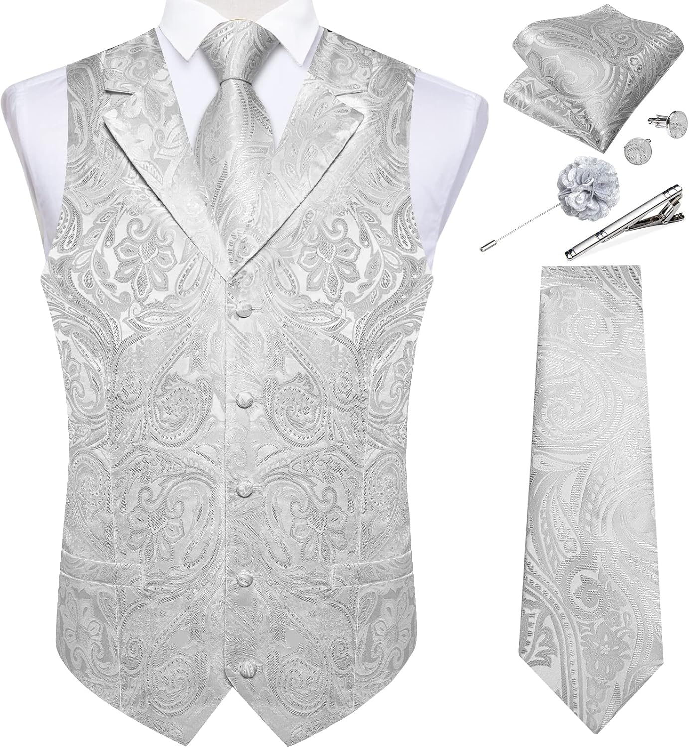 DiBanGu Mens Vest Tie Set 7PCS Silk Paisley Suit Waistcoat and Necktie Hankerchief Cufflinks Lapel Pin Set for Wedding Party