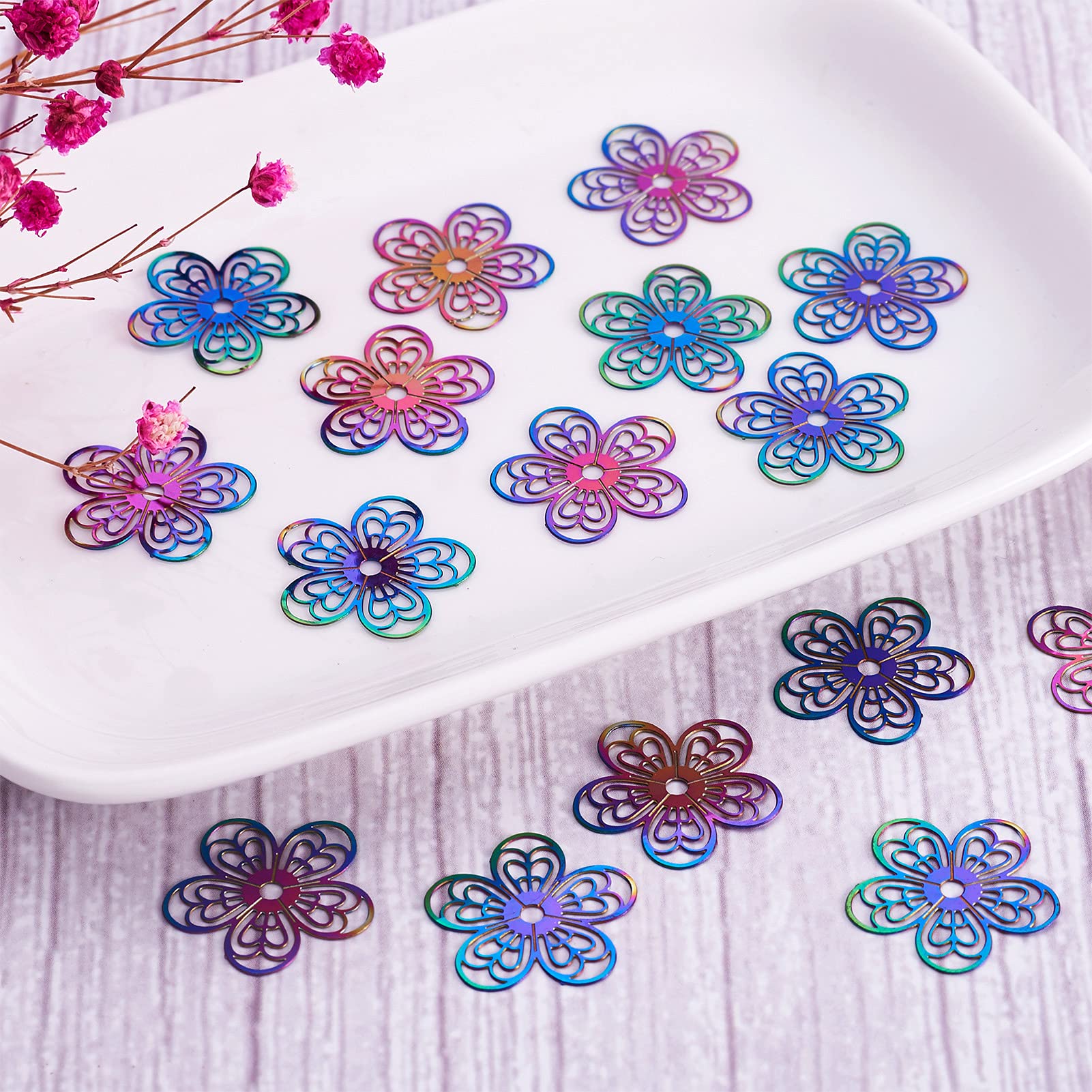 Lot De 32 Pendentifs Acier Inoxydable - 12 Modèles Papillons Et Fleurs Multicolores - Pour Création De Bijoux DIY