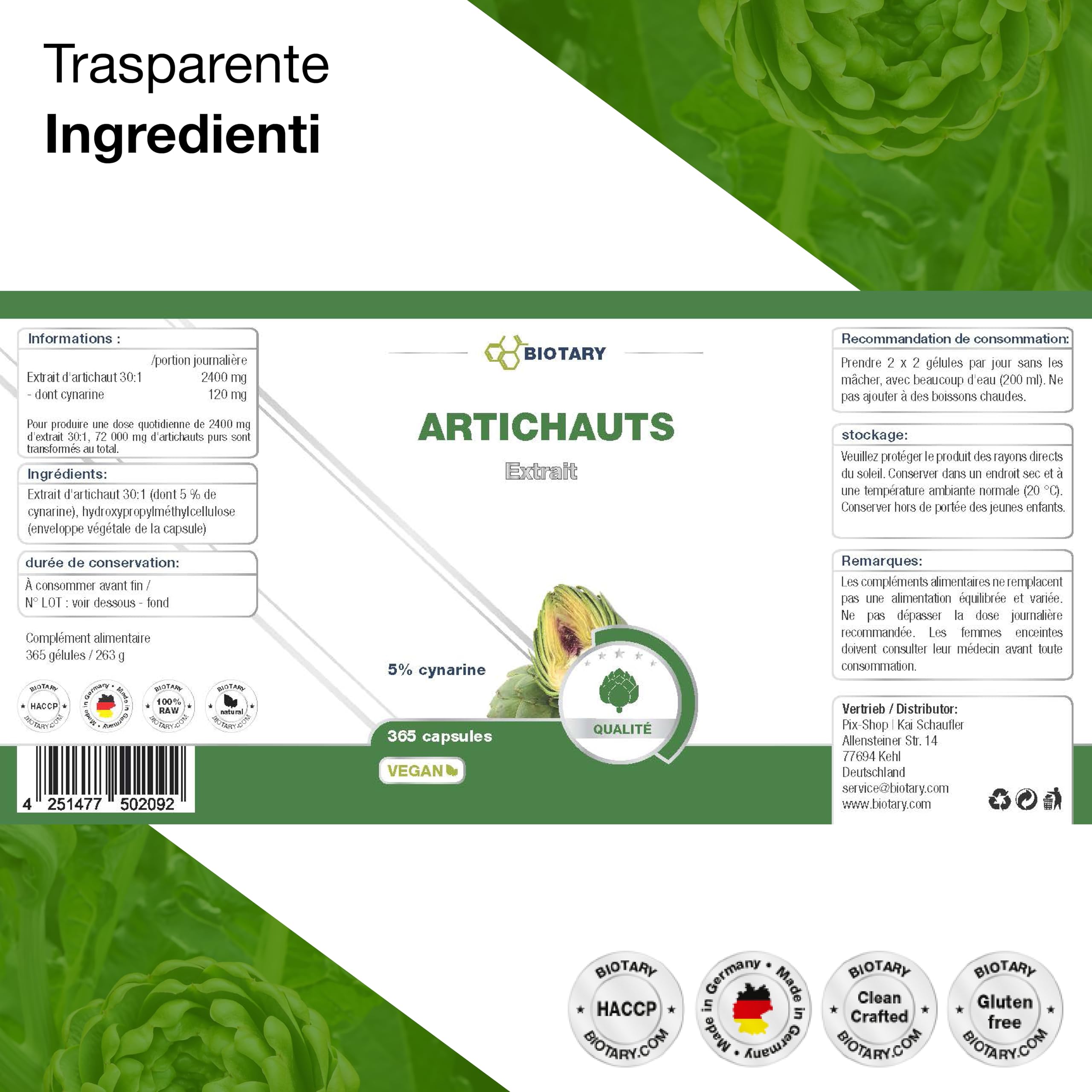 Estratto di carciofo – 2400 mg porzione giornaliera – 365 capsule – 5% cinarina (120 mg) – scatola pillole inclusa – vegano – qualità premium – dosaggio elevato