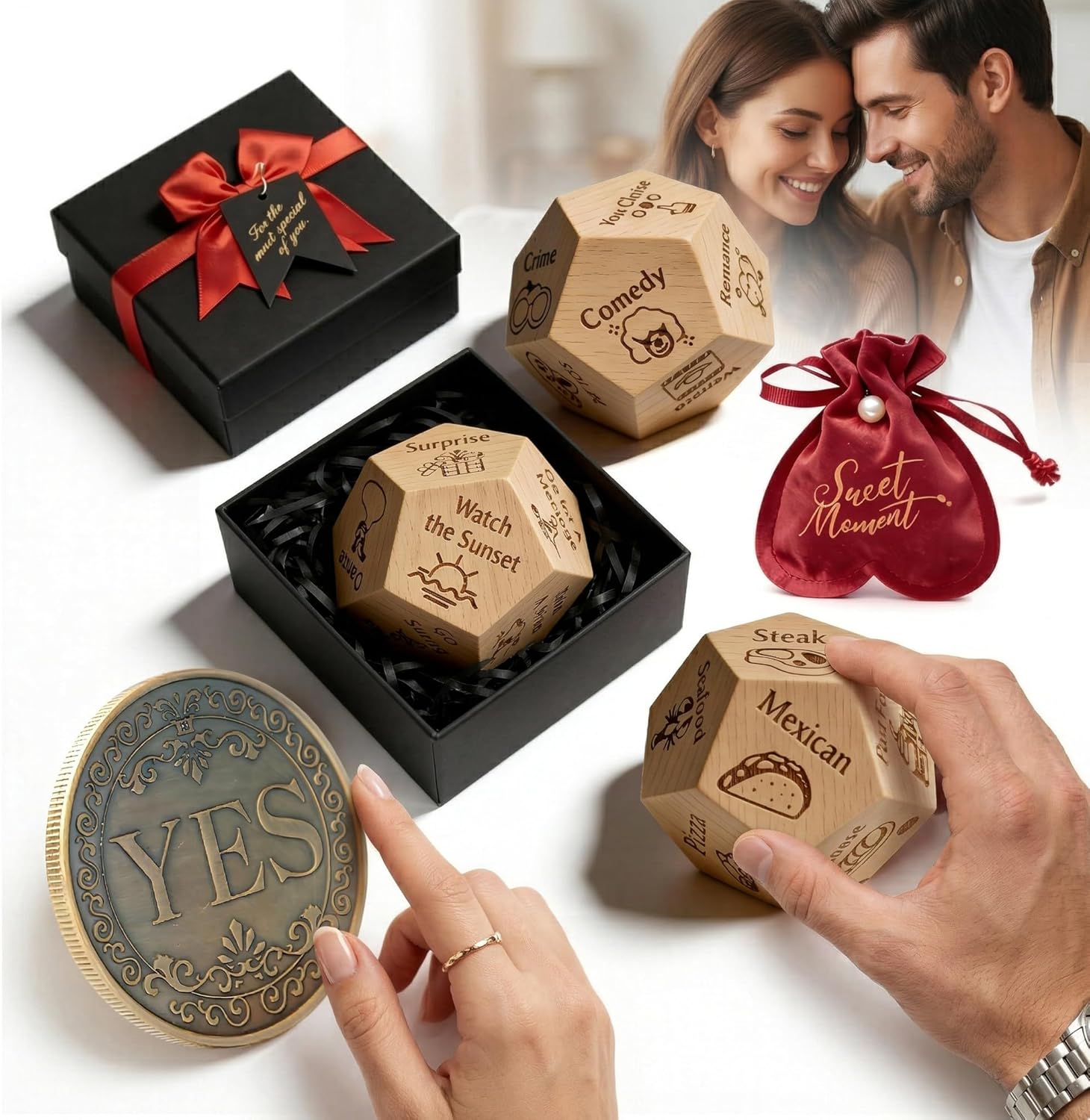 Fathers Day Dad Gifts - Date Night Dice Set for Couples - Wood Movies Activity Food Dinner Dice Decider & Metal Coin - 5th Anniversary Stocking Stuffers Gifts for Men Women Husband Wife