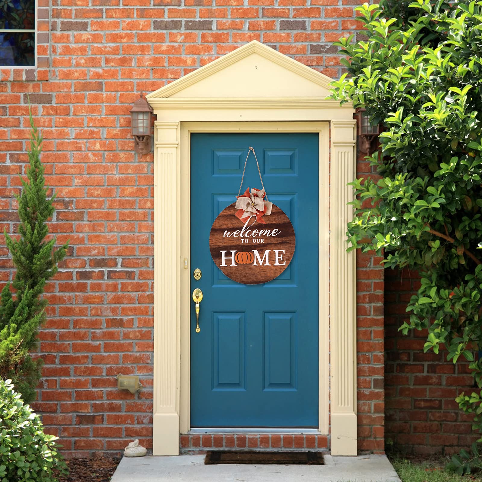Cartello Di Benvenuto Stagionale Intercambiabile Con Luci LED – Ghirlanda Rotonda In Legno Per Porta D'Ingresso, 4 Decorazioni E 14 Pendenti - 2