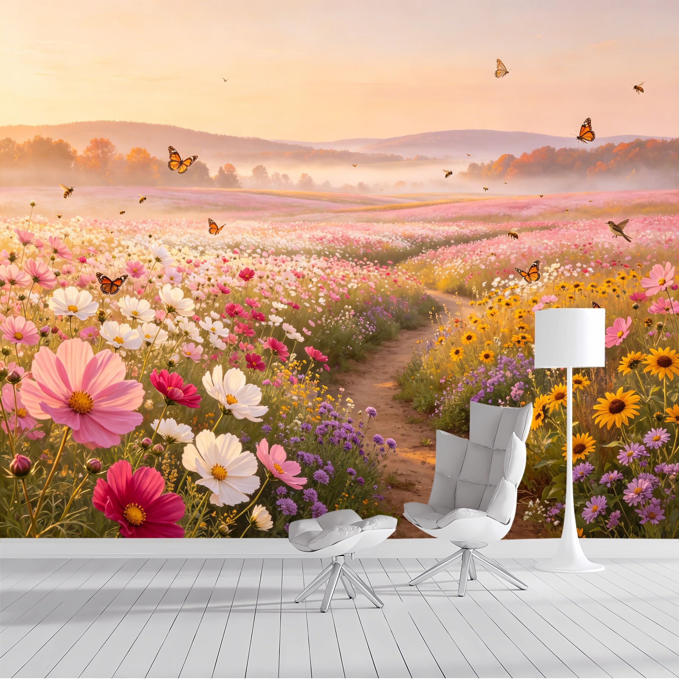 Custom Size Wall Mural Blooming Meadow Butterflies Bees Scenic Landscape Watercolor Art SelfAdhesive Wall Fabric Removable Peel and Stick Wallpaper for Living Room Bedroom Bathroom