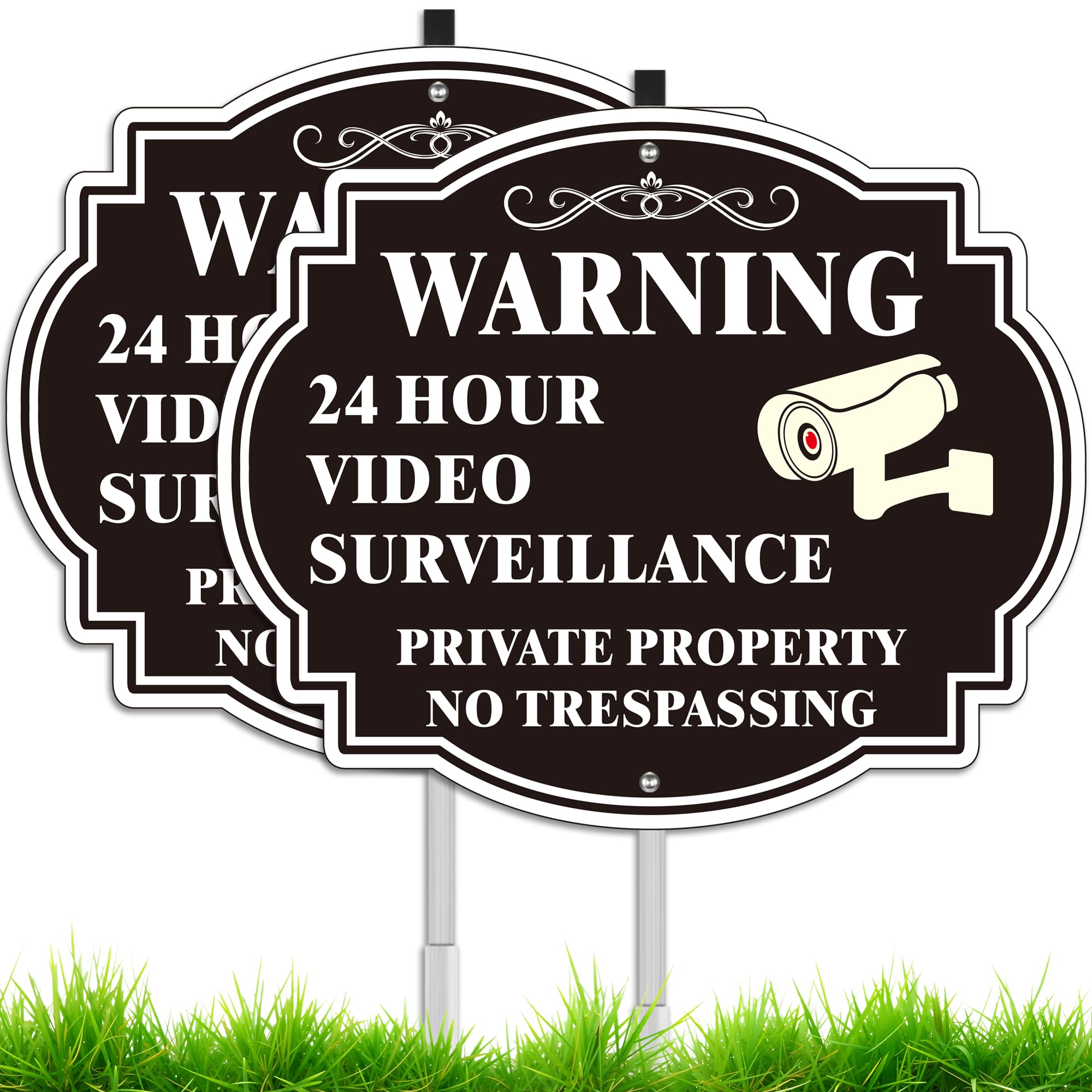 Photo 1 of 2-Pack Private Property No Trespassing Sign Stake 12 x 28Inch, Warning Video Surveillance Signs With Stake Outdoor, UV Printed .040 Mil Rust Free Aluminum