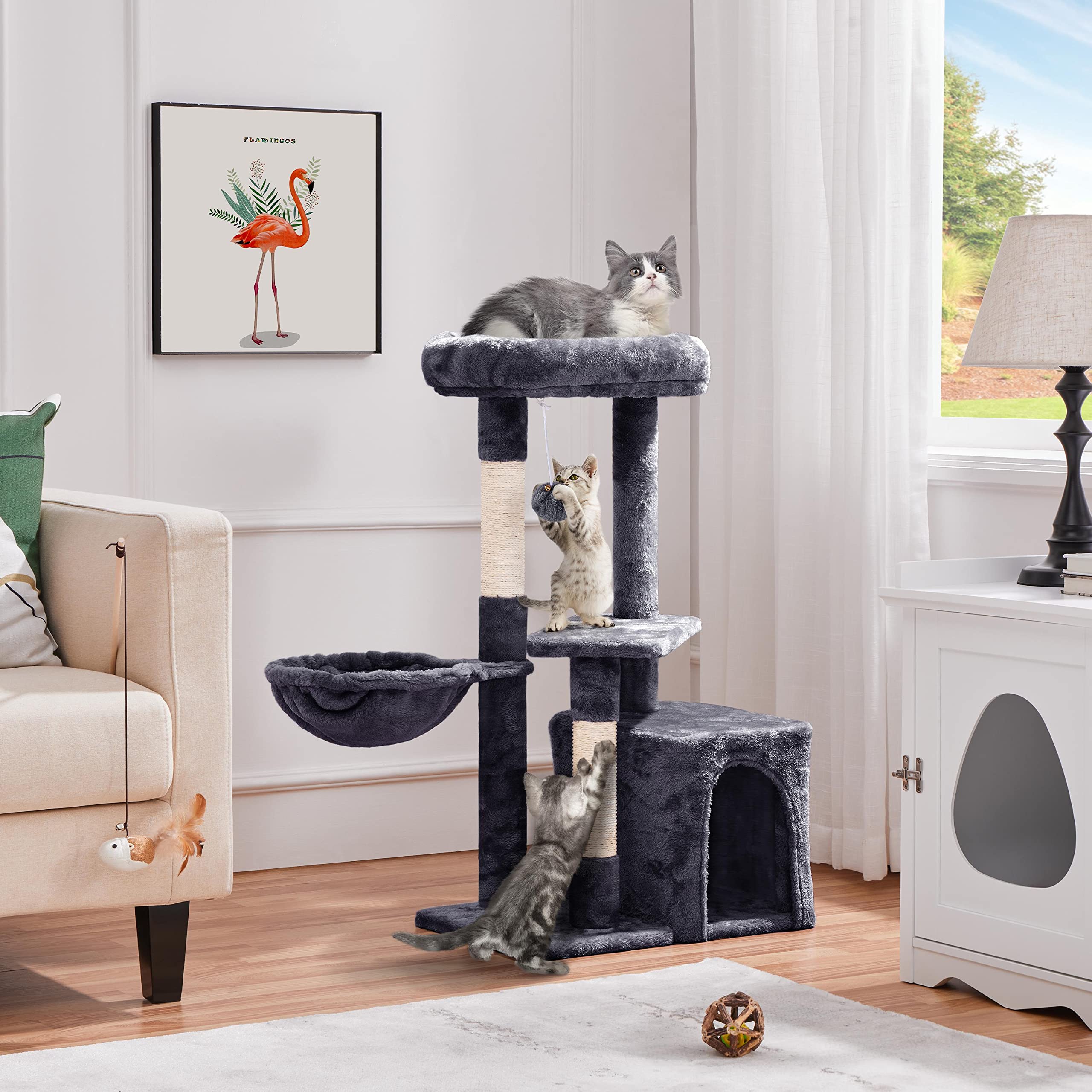 Yaheetech 34.5in Scratching Post, Cat Scratchers for Indoor Cats and Kittens, Multifunctional Activity Post w/Sisal Rope?Dangling Ball?Large Condo, Dark Gray