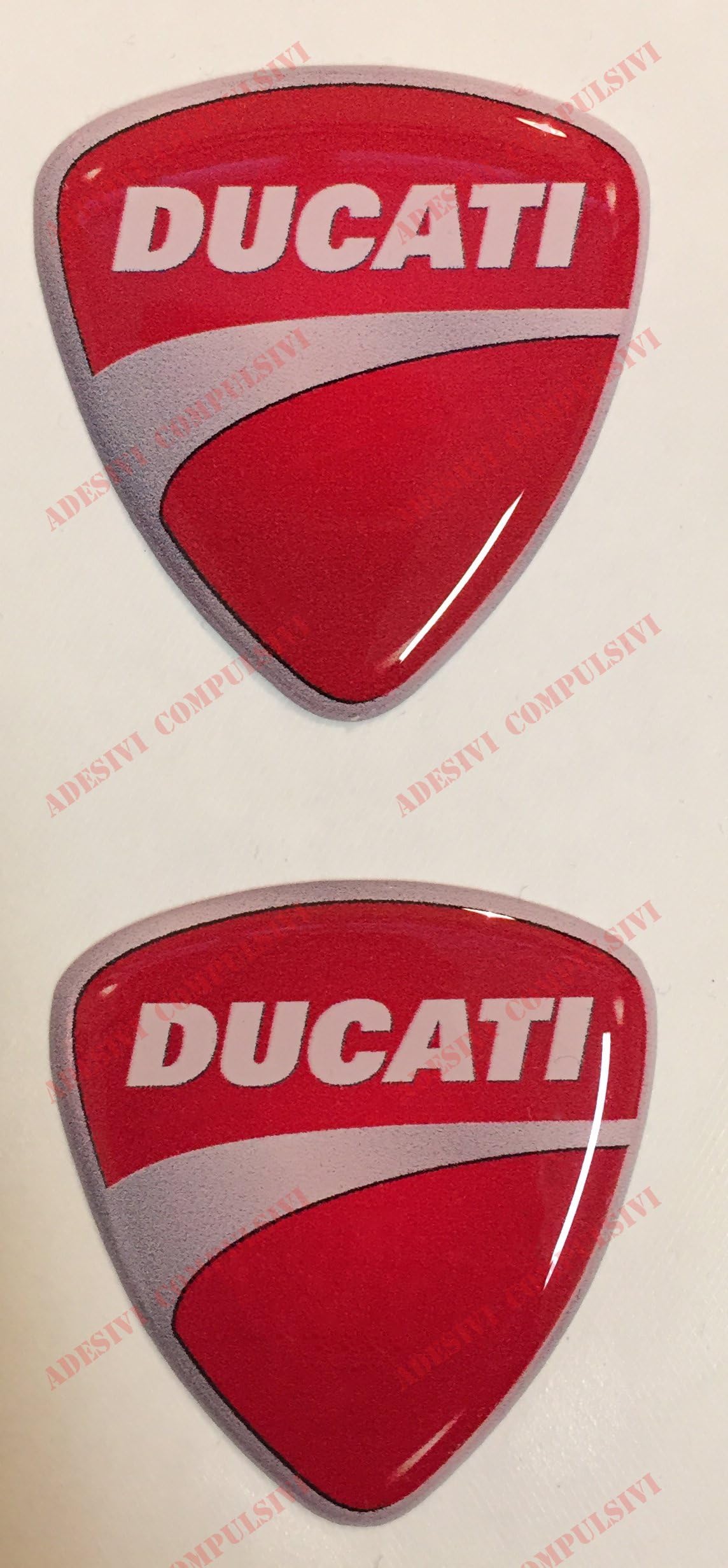 DUCATI logo emblem, pair of resin stickers, 3D effect, for tank or helmet.