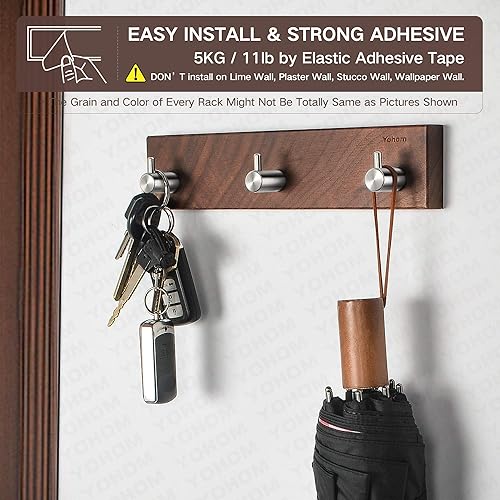 Miniatura 2 de YOHOM Soporte para llaves de pared adhesivo para colgar abrigos con ganchos, estante de madera para sombreros, organizador de toallero para bata,
