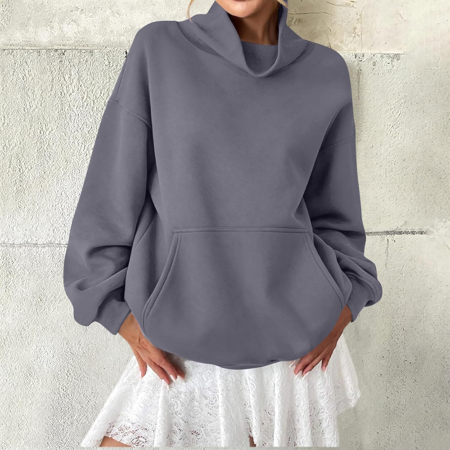 Women's Solid Cowl Neck Oversized Pullover Hoodie Long Sleeve Tops