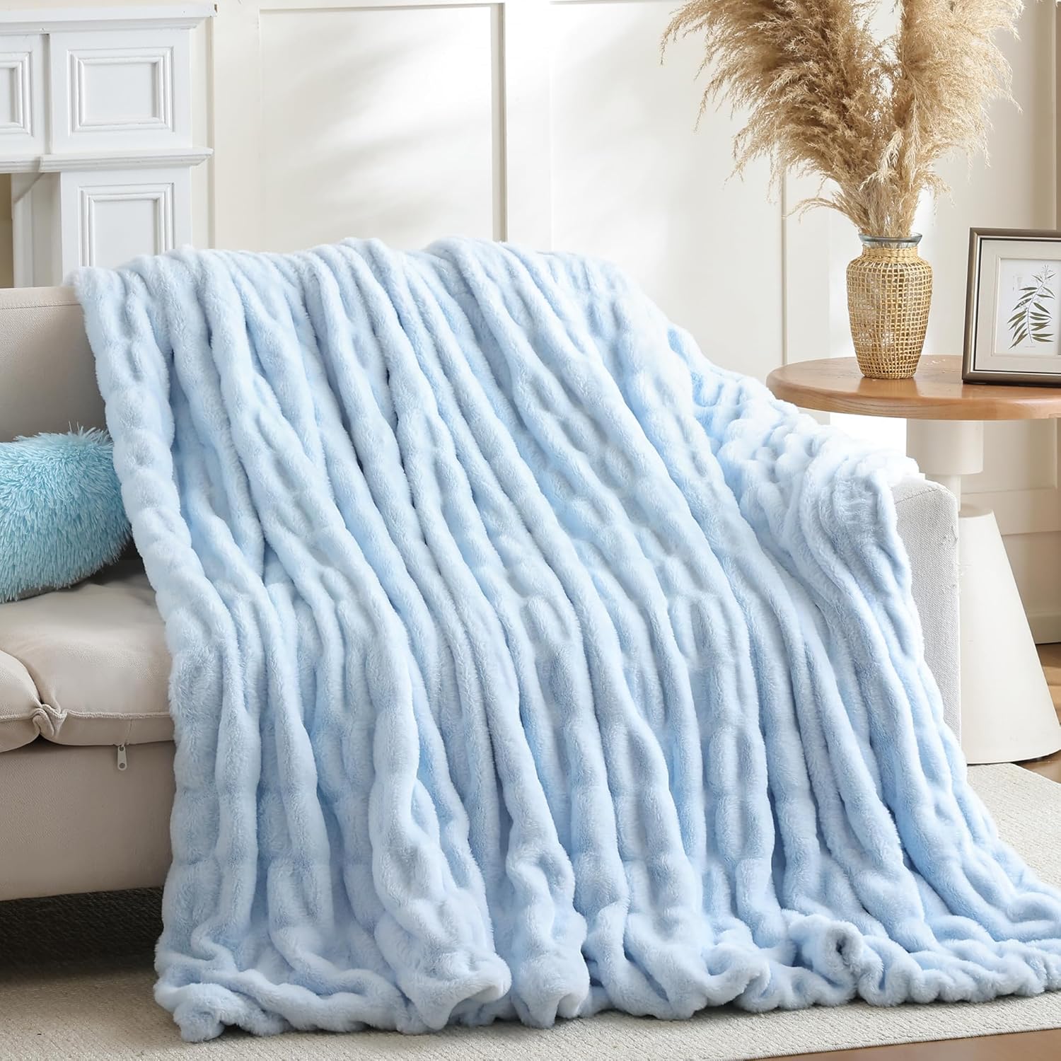 Smoofy Light Blue Throw Blanket for Couch – Ultra Soft Cozy Plush Fluffy Blanket with Faux Rabbit Fur, Fuzzy Lightweight Fleece for Sofa, Bed & Office, Gift for Women, Home Room Decor Throw 50"x 60"