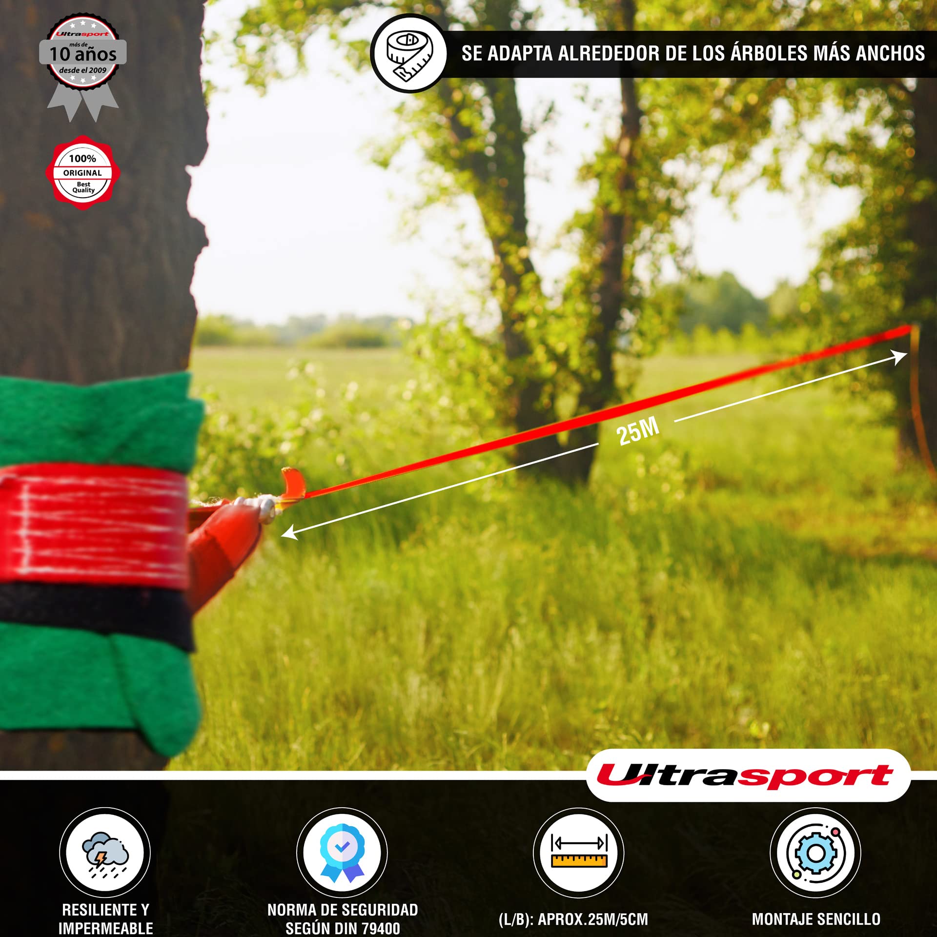 Ultrasport Slackline 15m-25m, con trinquete y Bolsa de Transporte, Juego Completo de Slackline, Disponible con y sin protección de árbol, Fitness Slackline, Certificado TÜV GS, niños y Adultos