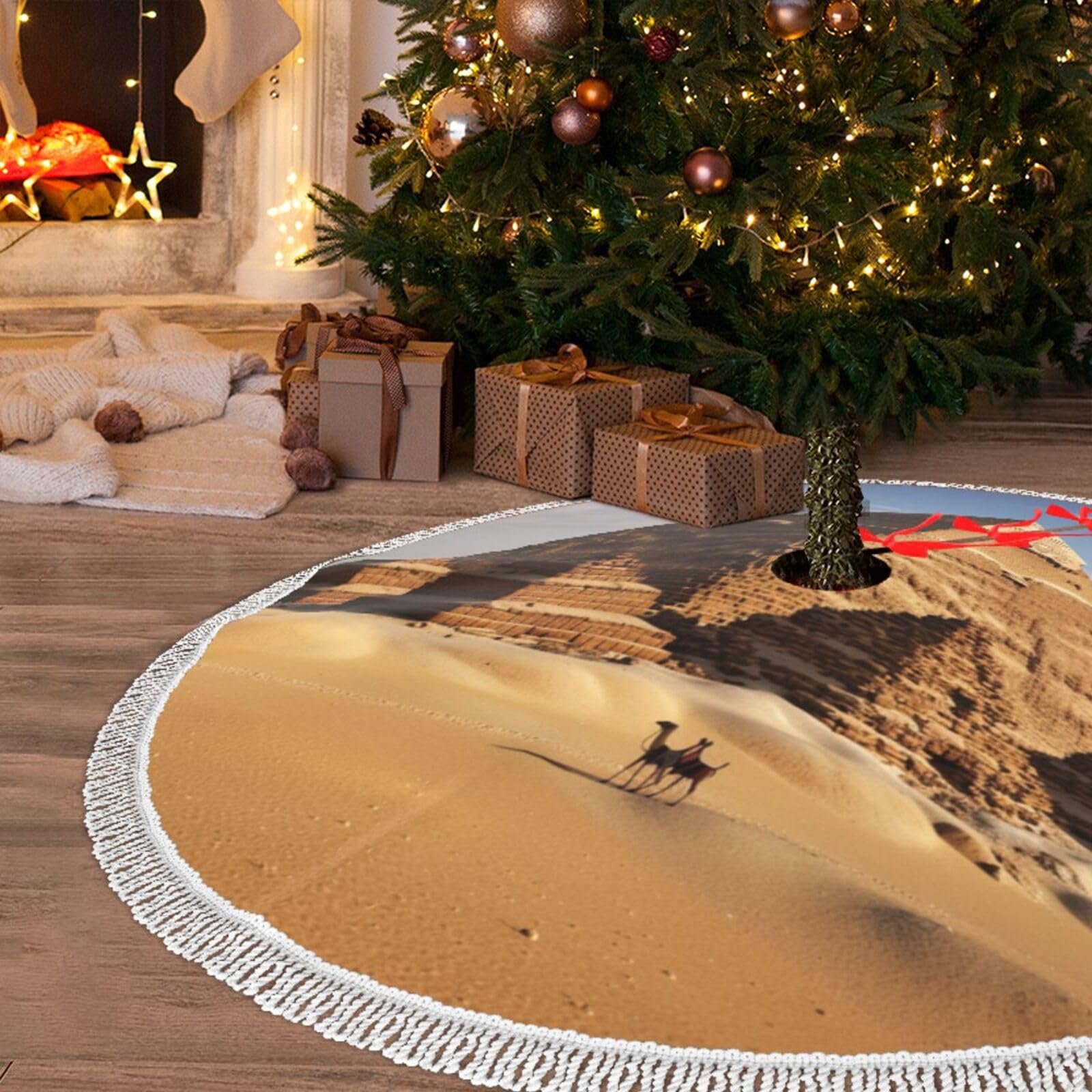 Jupe de sapin de Noël en peluche douce 122 cm motif pyramide d'Égypte