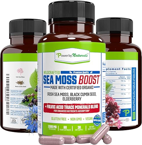 Miniatura 8 de Power By Naturals Sea Moss Advanced con aceite de semilla negra y cápsulas de saúco, cápsulas certificadas de musgo marino irlandés orgánico para