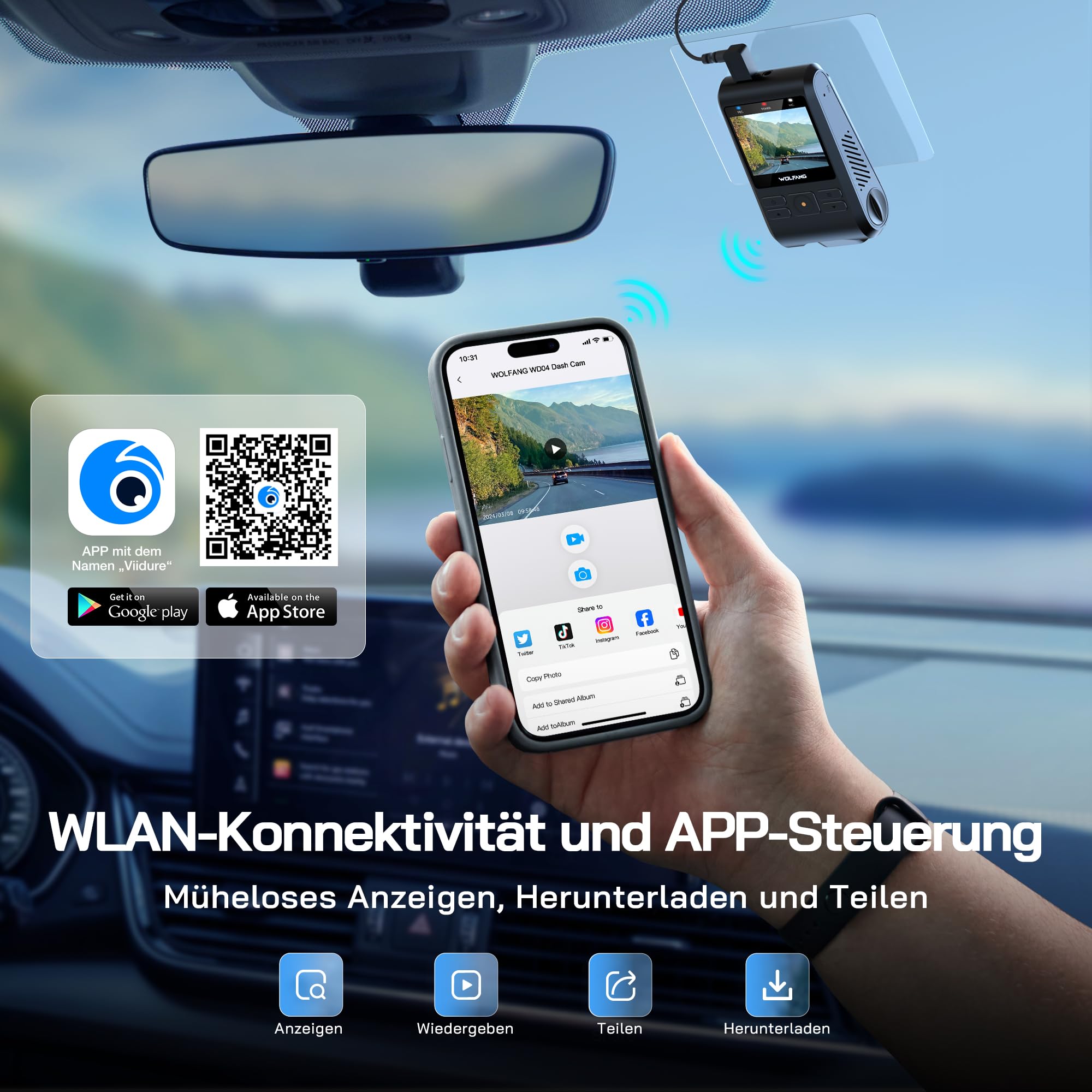 WOLFANG Dash Cam Auto 1440P, WiFi Dashcam per Auto con Scheda SD 32G, Telecamera Auto 170° Grandangolo, Visione Notturna,G-Sensor, WDR, Monitor di Parcheggio, Registrazione in Loop