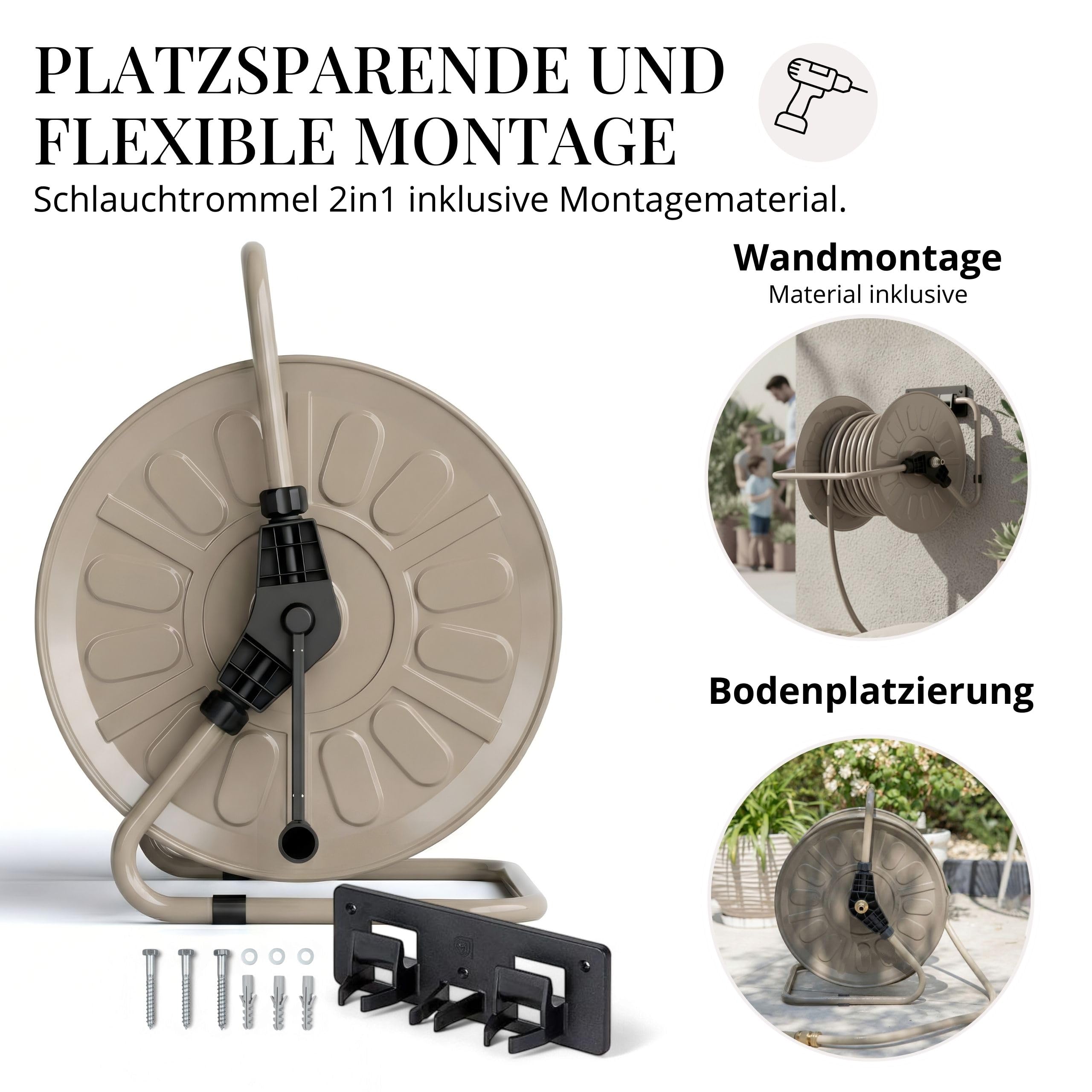 LIVLIG Schlauchtrommel Metall, Schlauchtrommel 50m Gartenschlauch, pulverbeschichtete Gartenschlauch Trommel, Wandmontage & Bodenbetrieb, Made in Italy, Sand