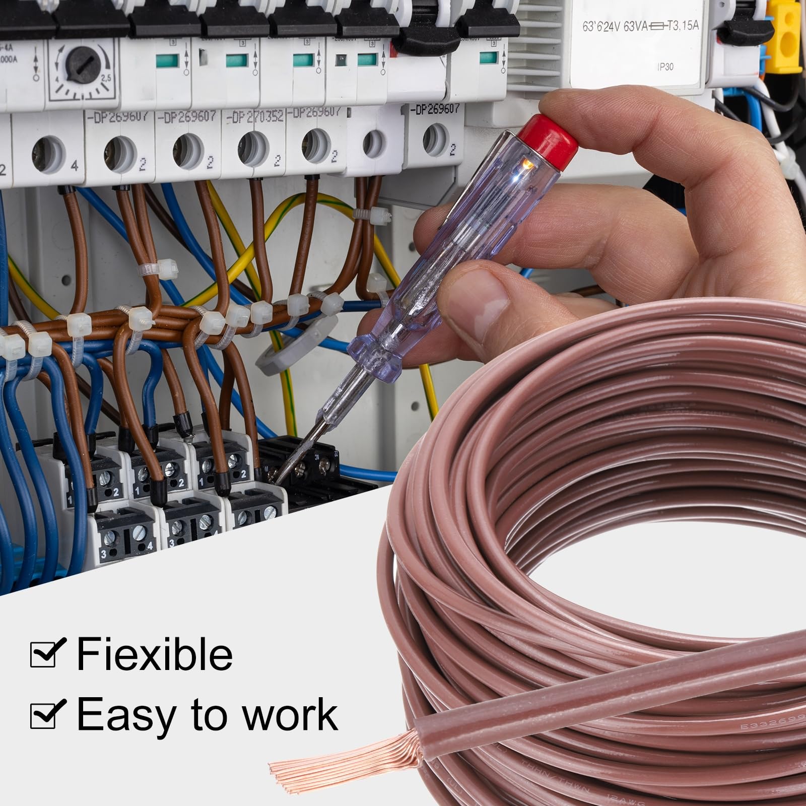 sourcing map Cable eléctrico de cobre sólido aislado de 100 pies, cable de conexión THHN residencial, industrial, conexión a tierra, clasificación eléctrica para 600 voltios, listado UL, marrón