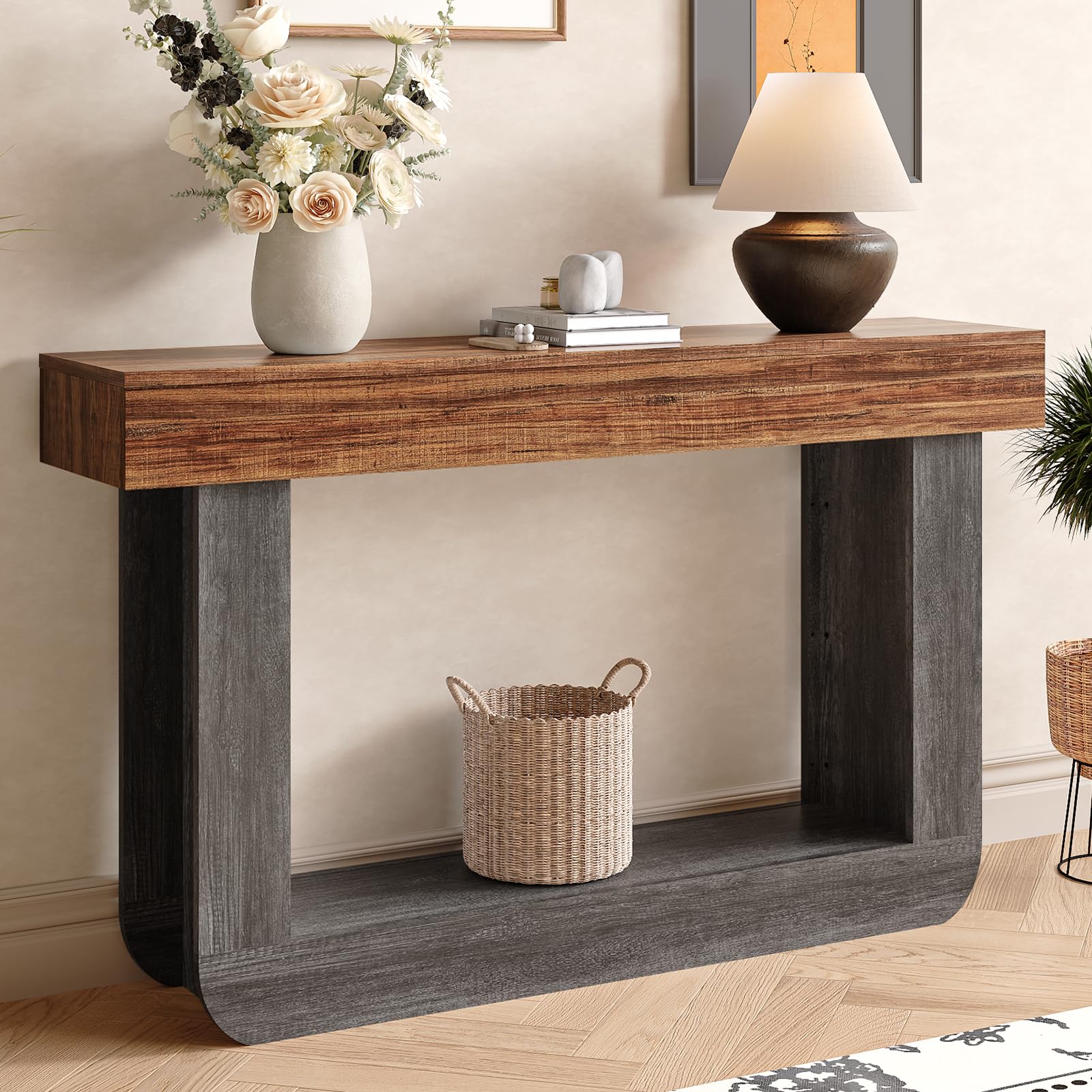 55'' Behind Couch Table, Farmhouse Wood Console Tables for Entryway U-Shape Narrow Sofa Table for Living Room Bedroom Foyer