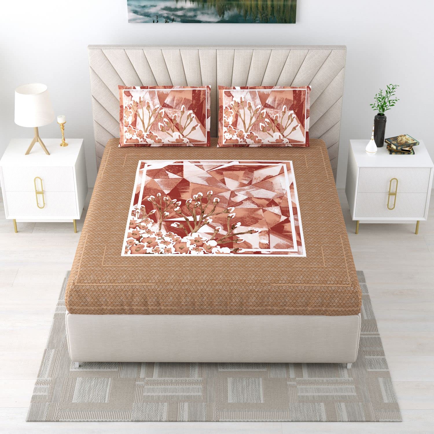 UniqChoice 210 TC Brown Color 100% Cotton Glorious Printed King Size Bedsheet with 2 Pillow Cover (UCGlorious3611)