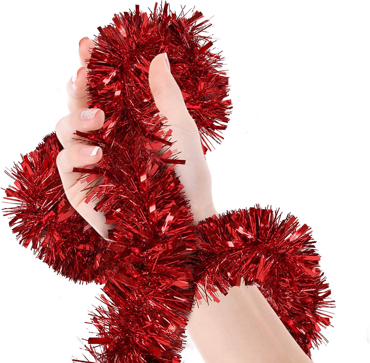 Shatchi Red 48Pcs Christmas Tinsels 1.8M/6Ft Xmas Metallic Chunky Tinsel Garland For Christmas Tree Hanging Decorations
