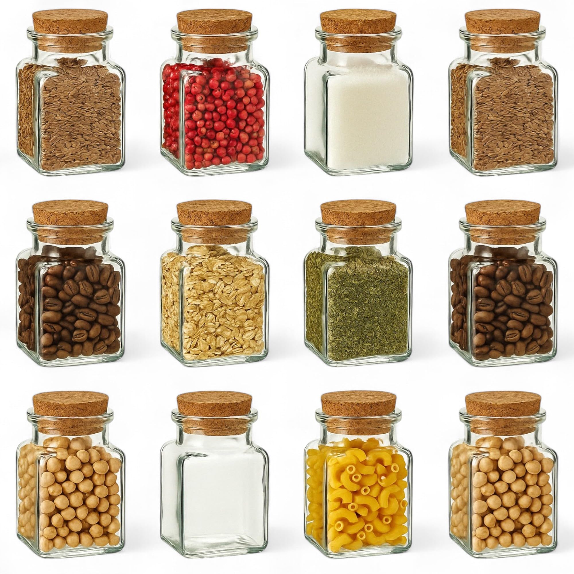 Gouveo Pressed Corks/Brown 12 Bottle With Cork Lid/Square 150 Ml, Ideal For Wedding Favours, Spices, Glass Jar, Storage Jar, Korkenglas Square