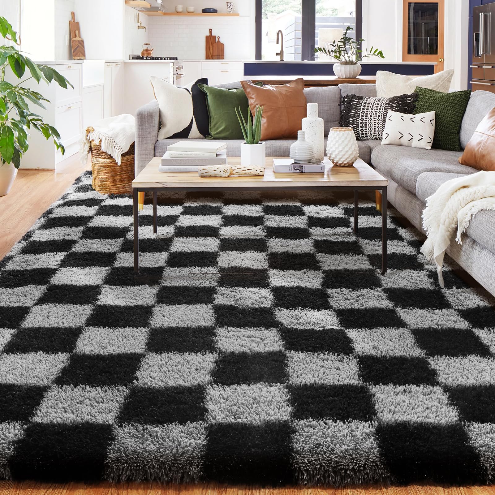 Checkered Rug for Living Room Large, 240x300cm Grey and Black Check Rug for Bedroom, Washable Non Slip Large Rugs, Soft Fluffy Thick Rugs, Big Checkerboard Carpet for Room, Kitchen, Bedsid, Lounge — image 1